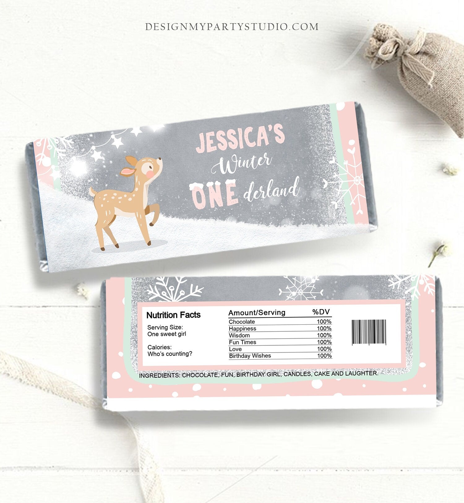 Editable Candy Bar Wrapper Winter Onederland Deer Pink Girl Candy Bar Wrapper Birthday Favors Snowflakes Deer Template PRINTABLE Corjl 0109