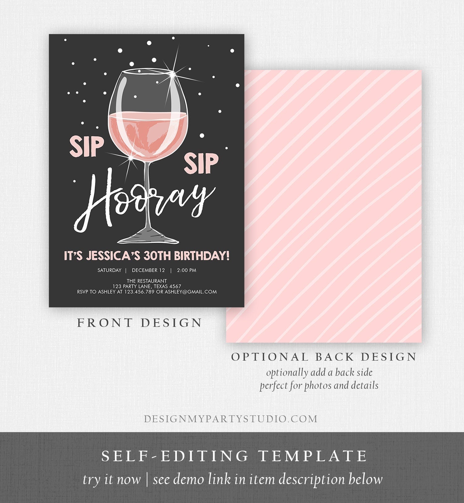 Editable Sip Sip Hooray Birthday Invitation Adult Surprise Party Rustic Chalk 30th Rose Wine Posh Chic Printable Corjl Template 0252