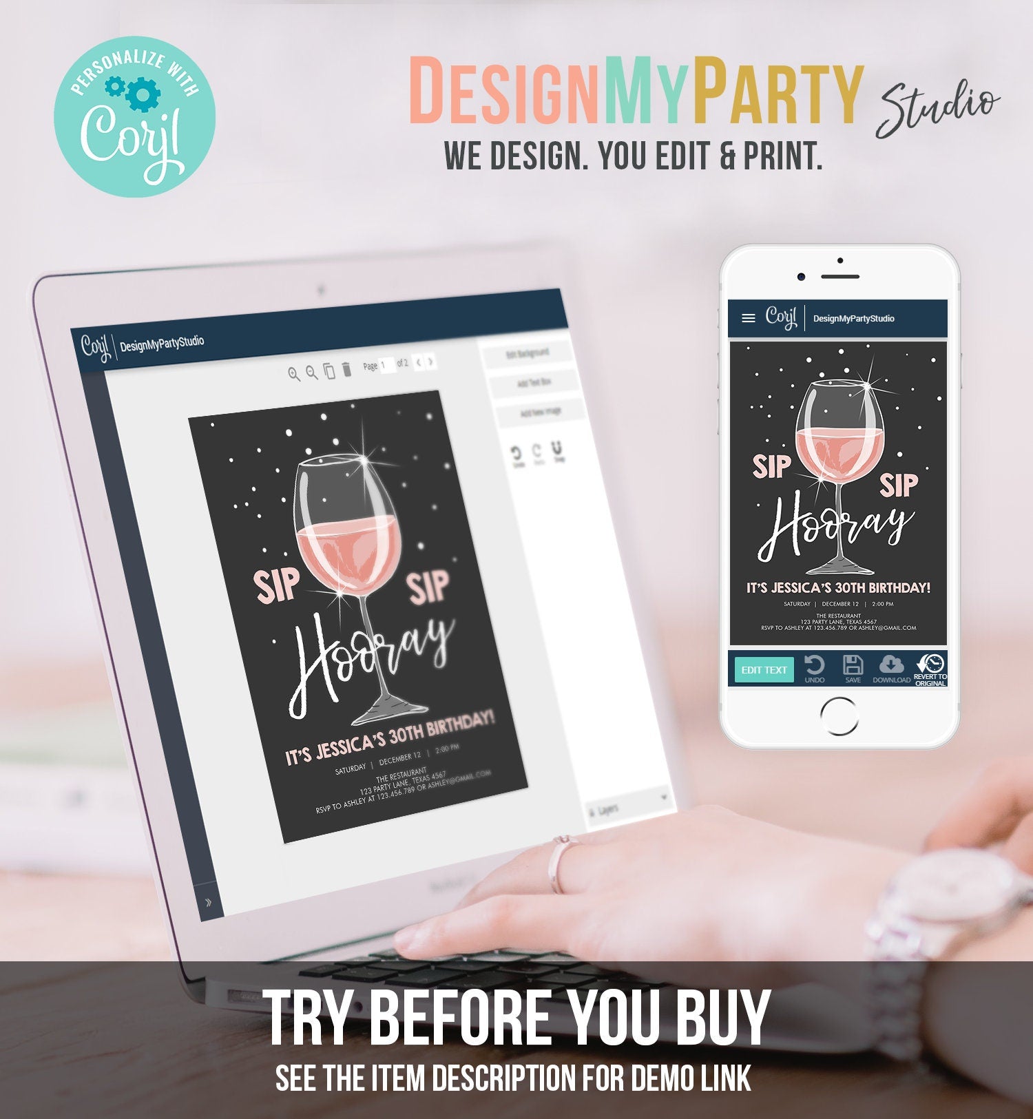 Editable Sip Sip Hooray Birthday Invitation Adult Surprise Party Rustic Chalk 30th Rose Wine Posh Chic Printable Corjl Template 0252