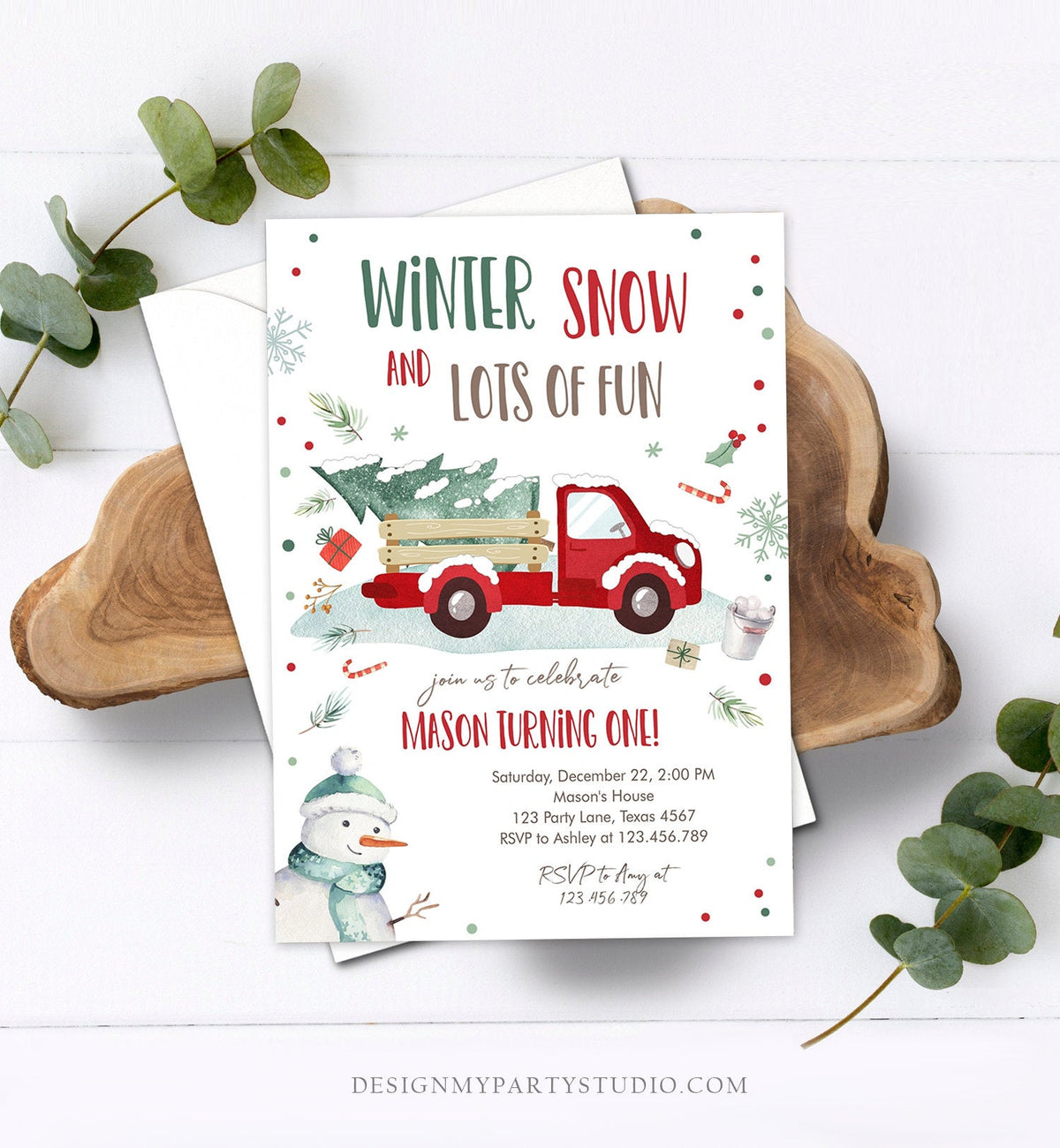 Editable ANY AGE Winter Birthday Invitation Boy Red Truck Birthday Party Winter Onederland Download Printable Invite Template Corjl 0278