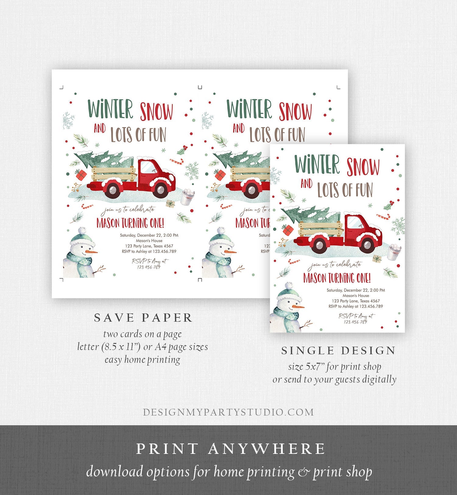 Editable ANY AGE Winter Birthday Invitation Boy Red Truck Birthday Party Winter Onederland Download Printable Invite Template Corjl 0278