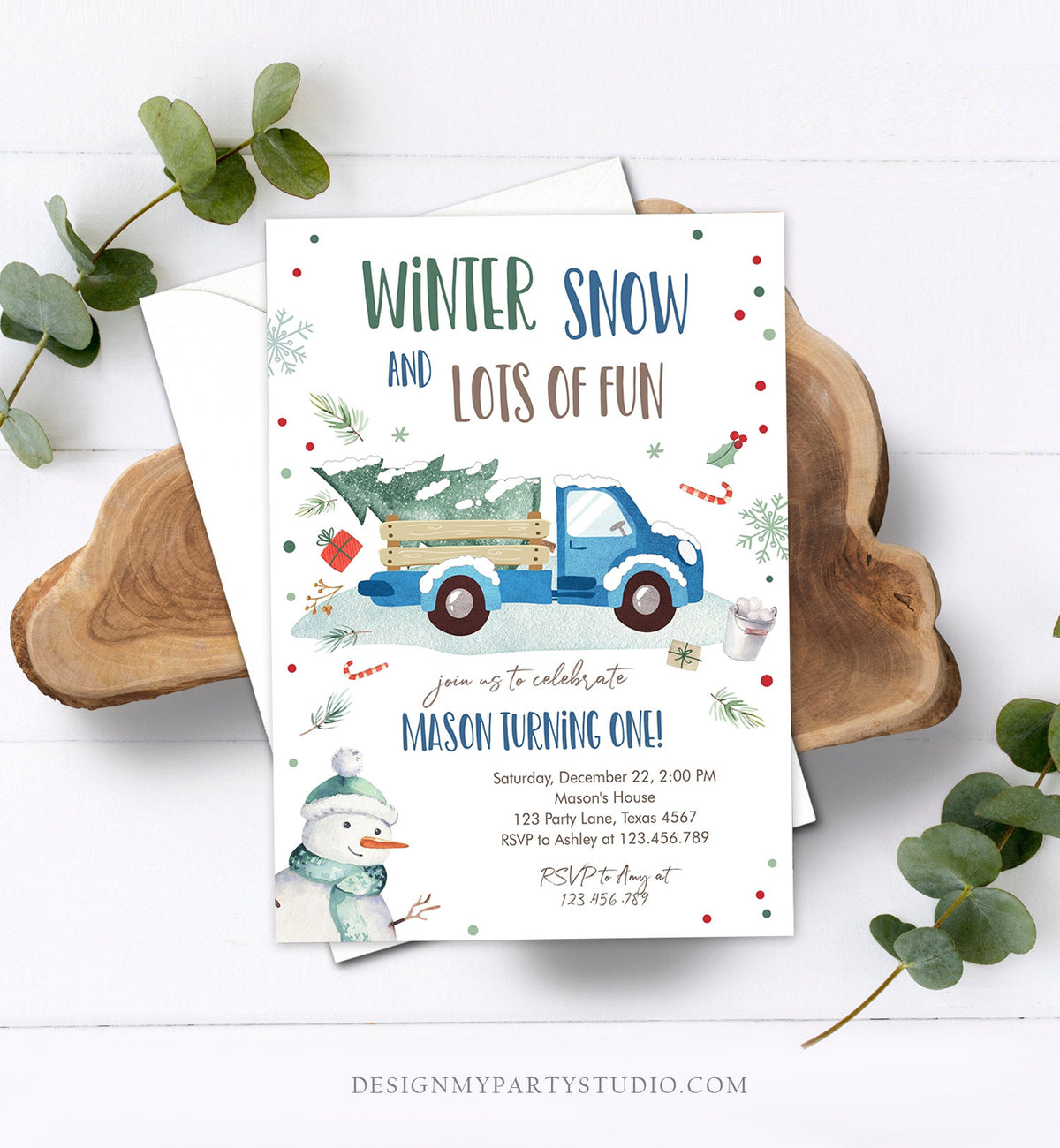 Editable ANY AGE Winter Birthday Invitation Boy Blue Truck Birthday Party Winter Onederland Download Printable Invite Template Corjl 0278