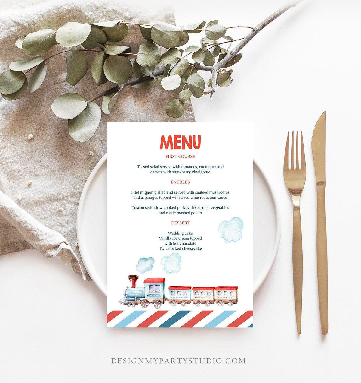 Editable Menu Card Train Birthday Train Decor Vintage Train Table Setting Railroad Instant Download Printable Menu Template Corjl 0149