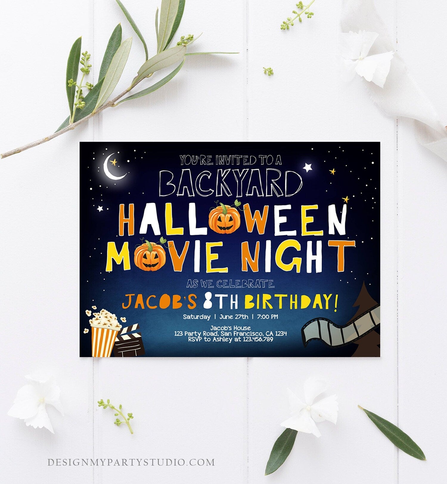 Editable Halloween Movie Night Birthday Invitation Outdoor Backyard Scary Movie Party Popcorn Spooktacular Pumpkin Template Corjl 0180