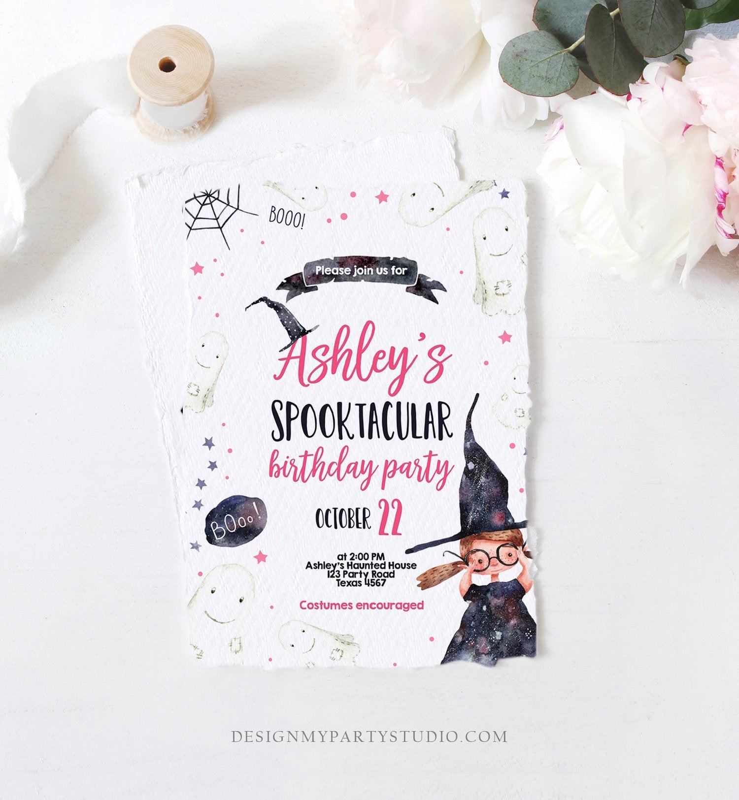 Editable Spooktacular Halloween Birthday Invitation Costume Party Kids Girl Pink Witch Hat Party Download Printable Template Corjl 0260