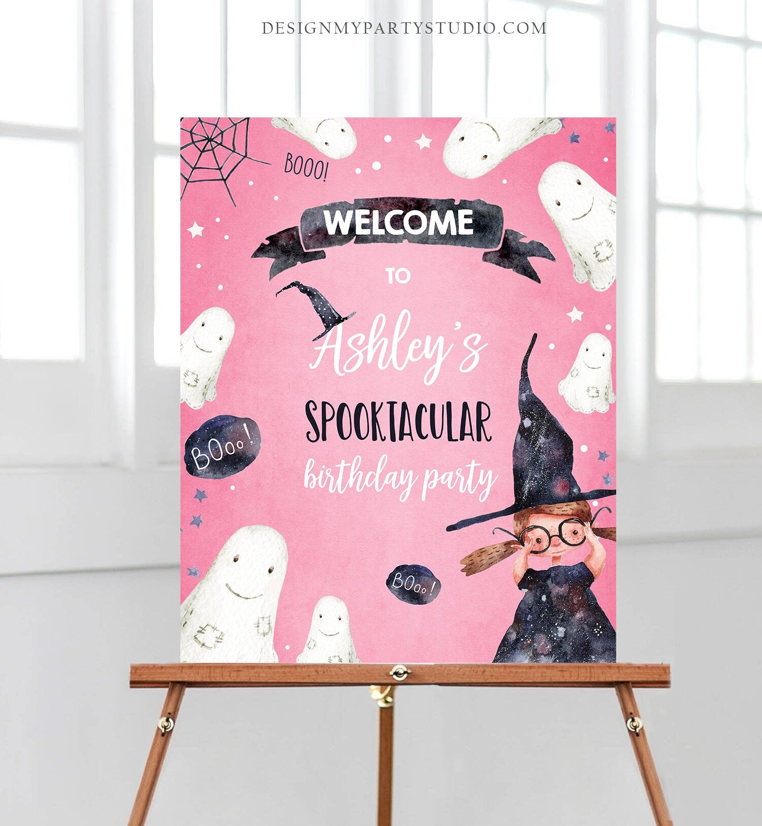 Editable Spooktacular Halloween Birthday Welcome Sign Costume Party Girl Pink Kids Witch Hat Party Download Printable Template Corjl 0260