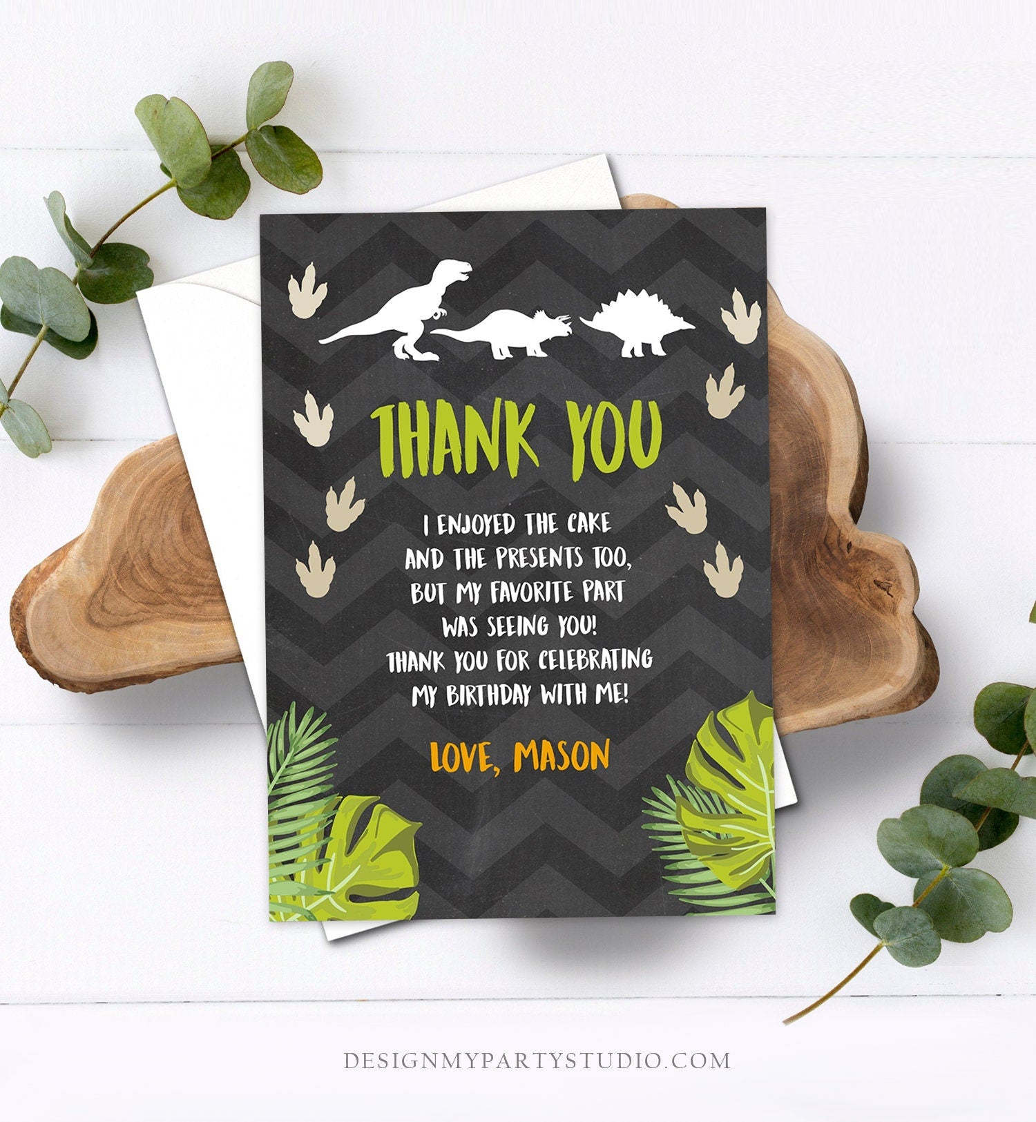 Editable Dinosaur Thank You Card Boy Prehistoric Dino Dig Party T-Rex Note Photo Chalk Digital Download Printable Template Corjl 0043