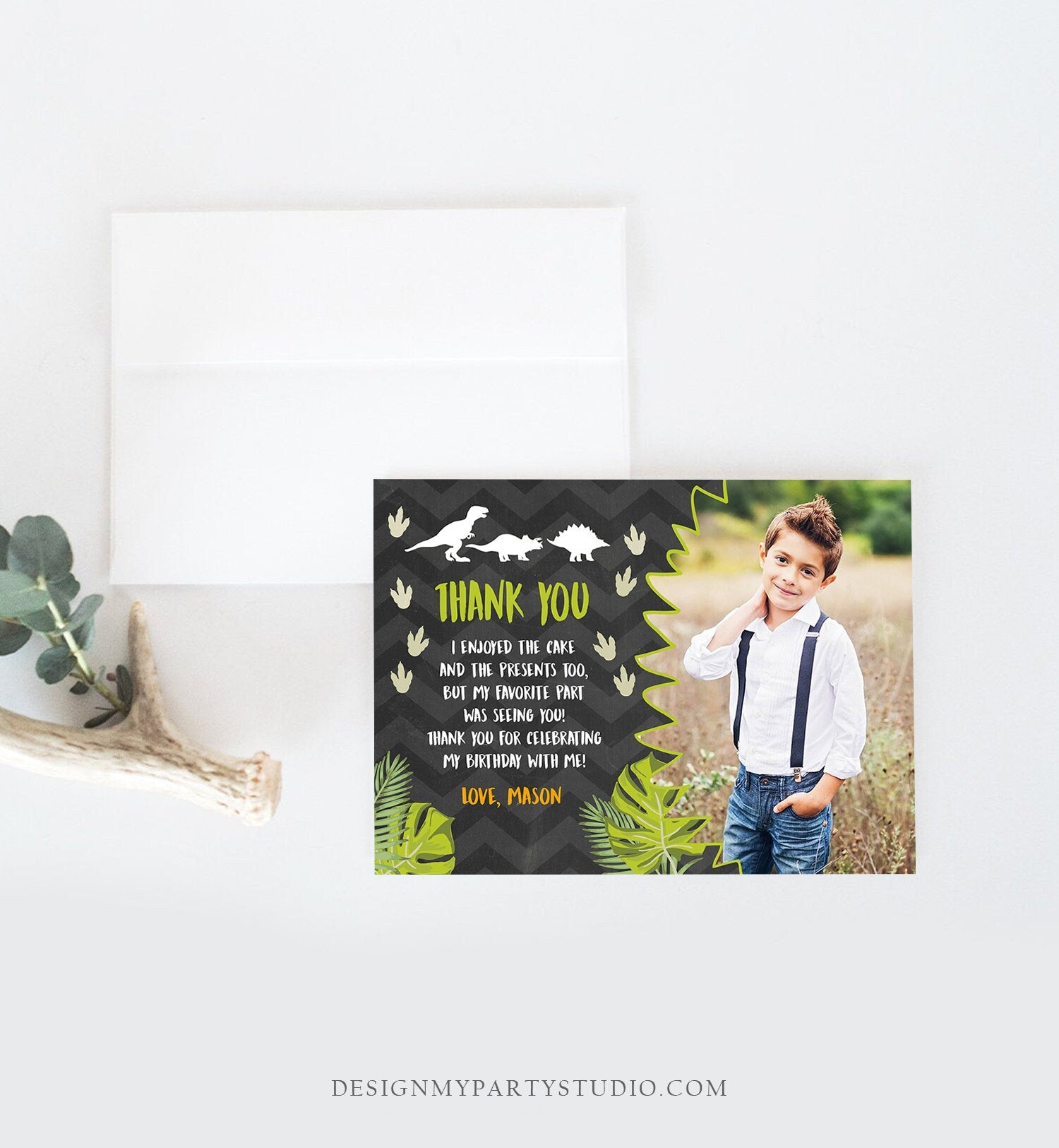 Editable Dinosaur Thank You Card Boy Prehistoric Dino Dig Party T-Rex Note Photo Chalk Digital Download Printable Template Corjl 0043