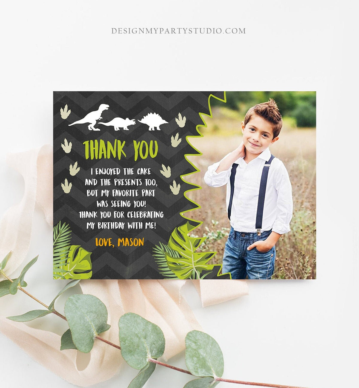 Editable Dinosaur Thank You Card Boy Prehistoric Dino Dig Party T-Rex Note Photo Chalk Digital Download Printable Template Corjl 0043