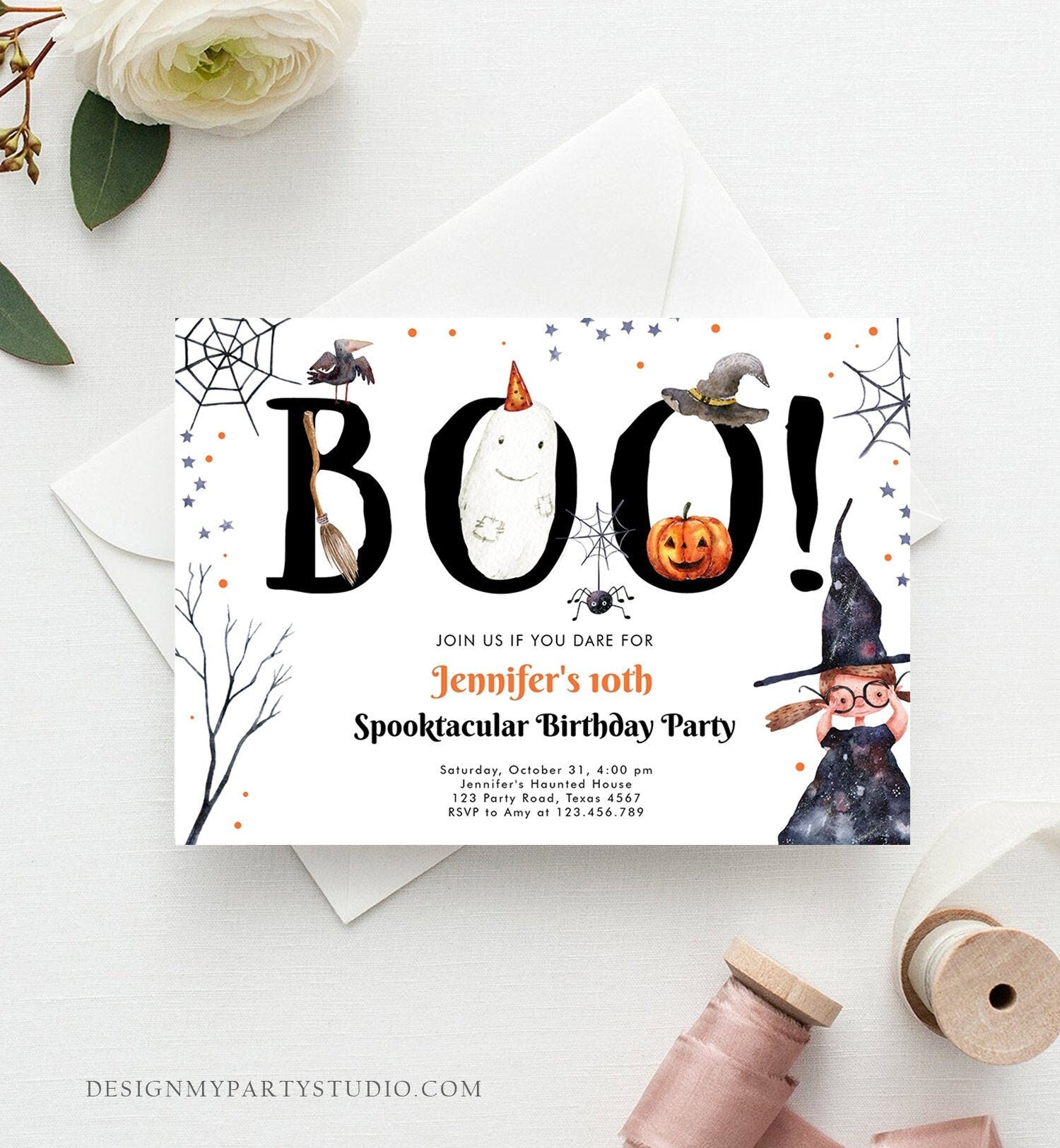 Editable Halloween Birthday Invitation Costume Trick or Treat Party Kids Spooktacular Witch Hat Party Download Printable Template Corjl 0261