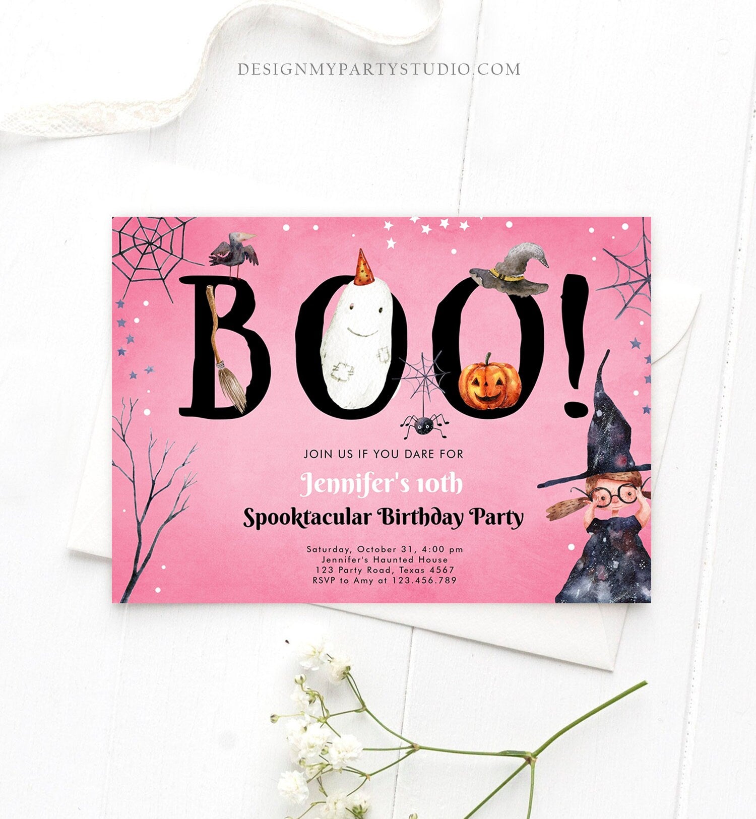 Editable Halloween Birthday Invitation Costume Party Girl Pink Kids Spooktacular Witch Hat Party Download Printable Template Corjl 0261