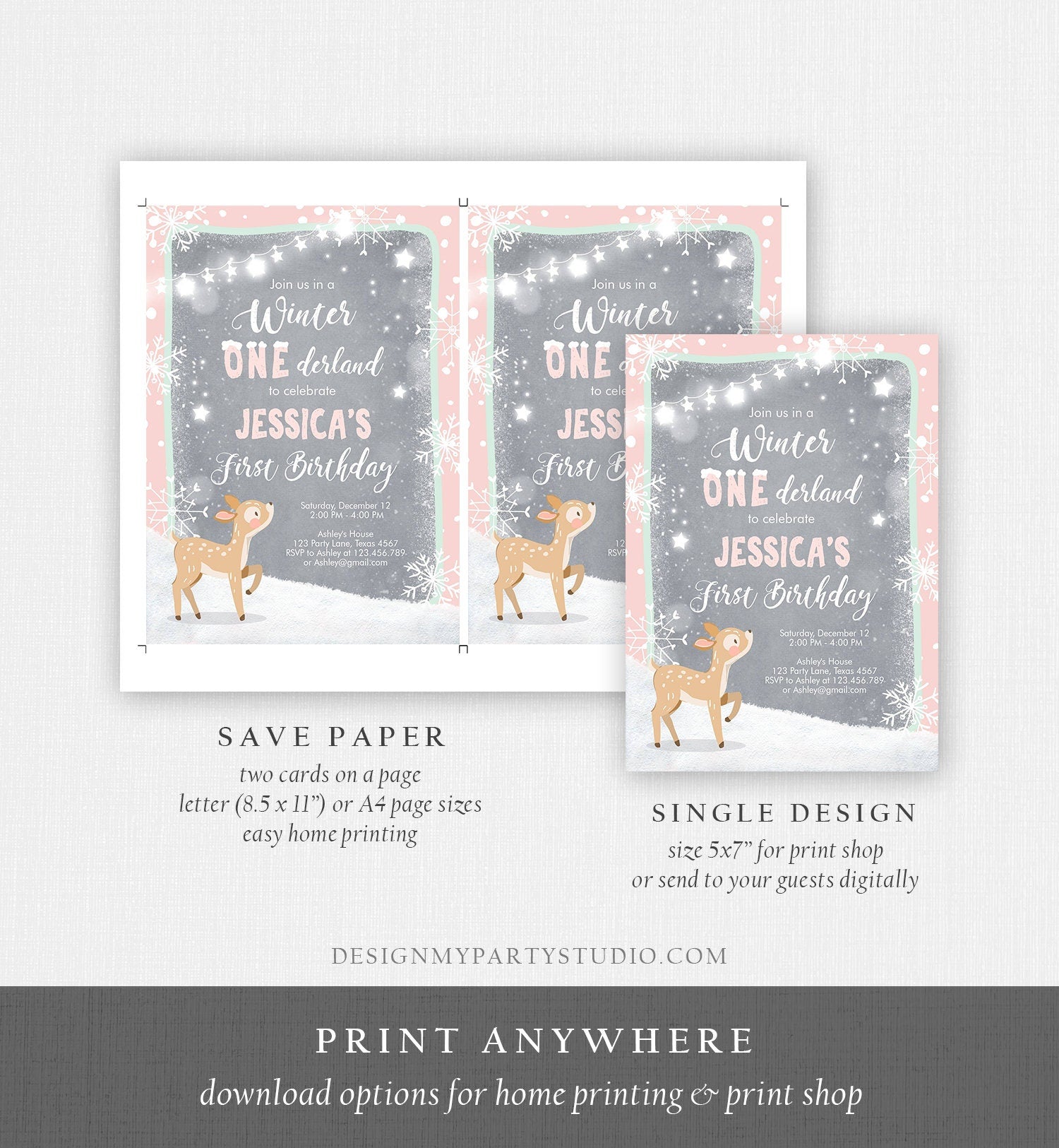 Editable Winter ONEderland Birthday Invitation First Birthday Snowflake Girl Pink Mint Grey Deer Printable Invitation Template Corjl 0109