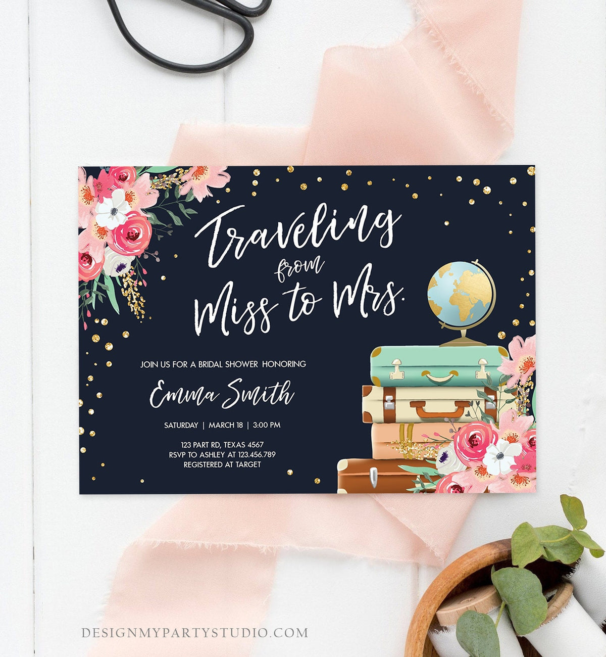 Editable Traveling from Miss to Mrs Bridal Shower Invitation Pink Floral Navy Gold Globe Suitcases Download Printable Corjl Template 0030