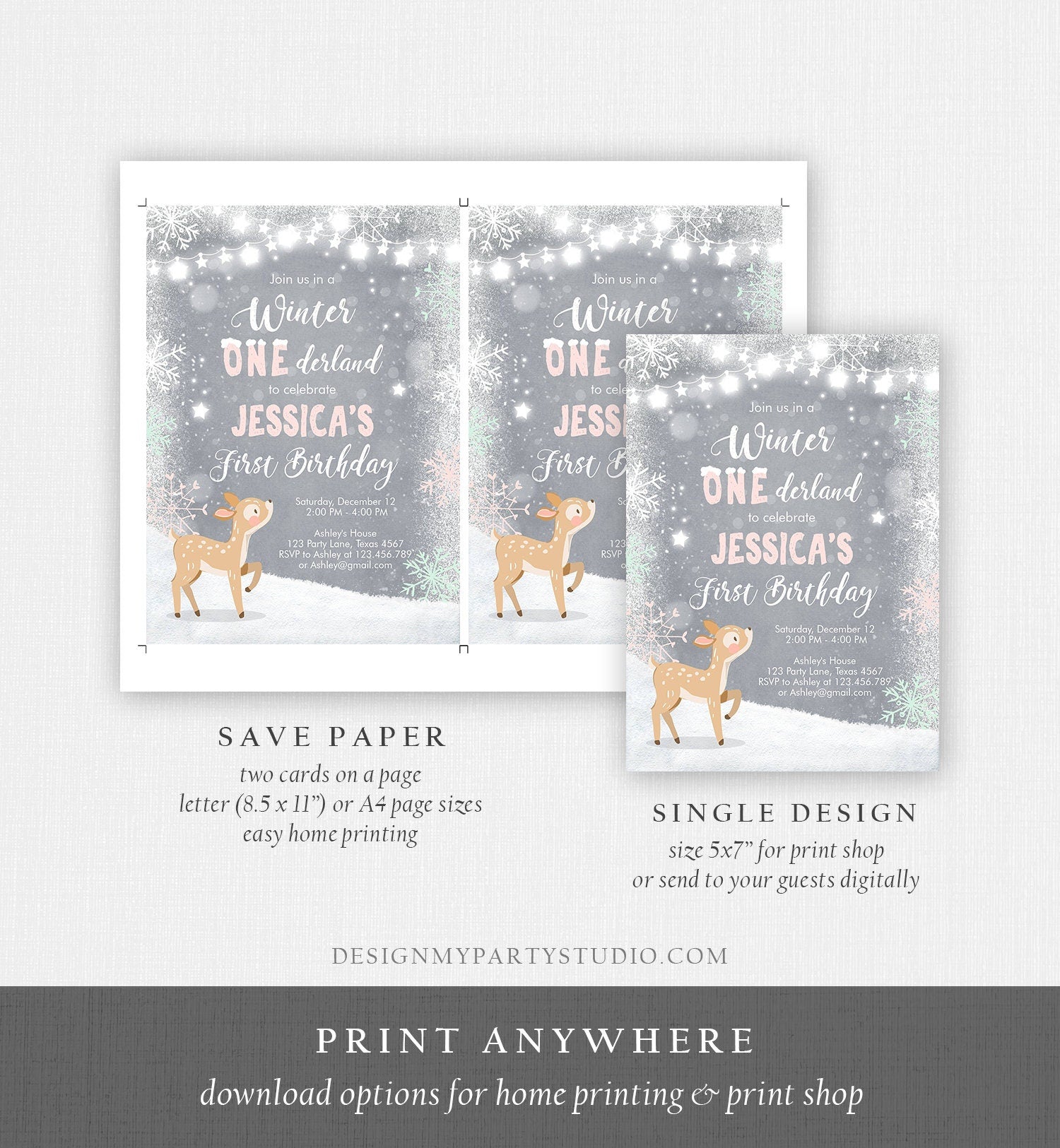 Editable Winter ONEderland Birthday Invitation First Birthday Snowflake Girl Pink Mint Grey Deer Printable Invitation Template Corjl 0109