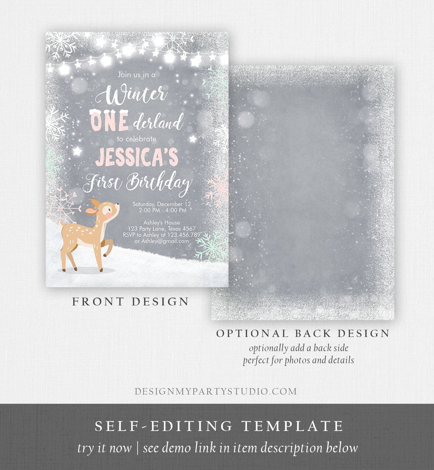 Editable Winter ONEderland Birthday Invitation First Birthday Snowflake Girl Pink Mint Grey Deer Printable Invitation Template Corjl 0109