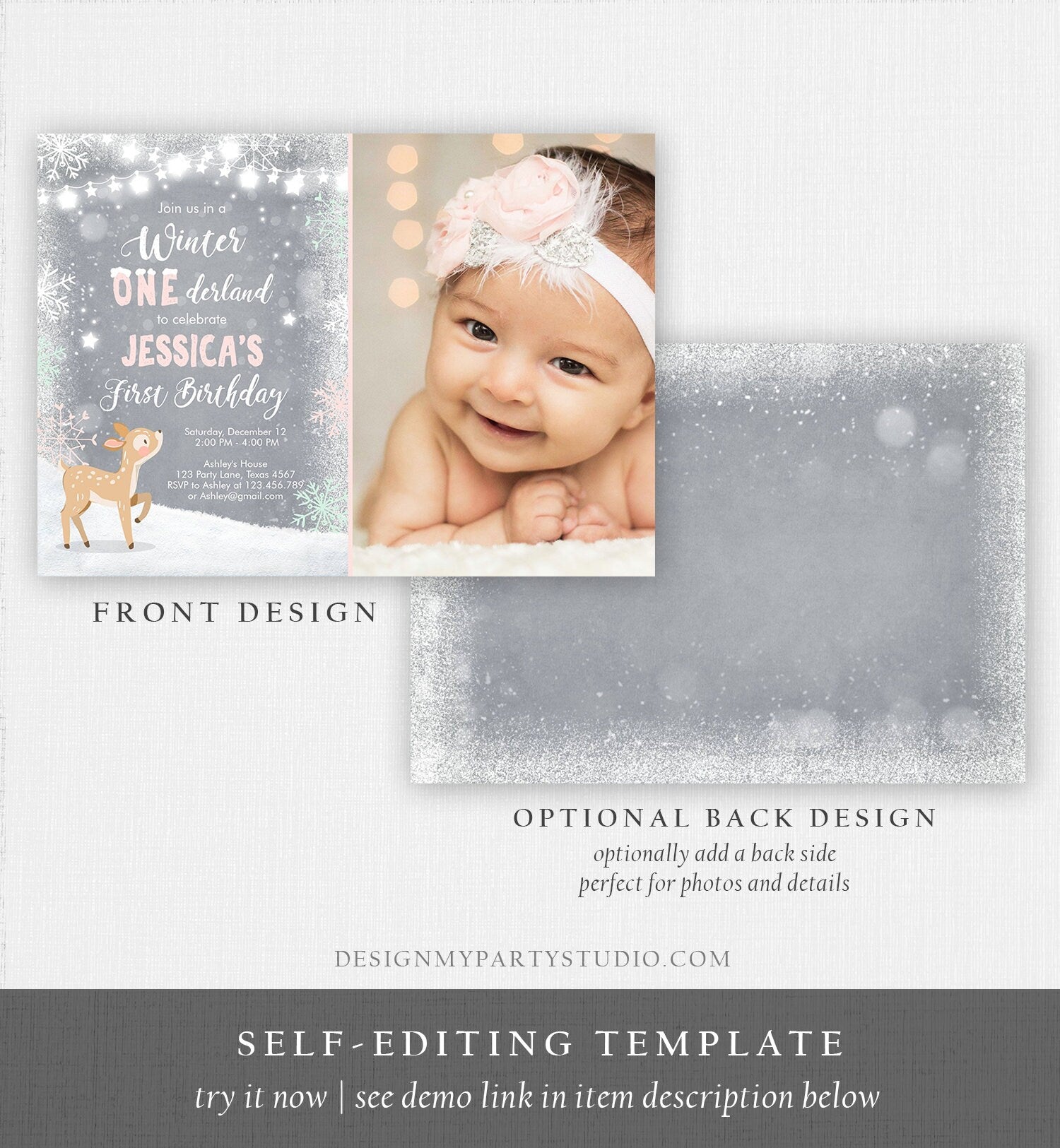 Editable Winter ONEderland Birthday Invitation First Birthday Snowflake Girl Pink Mint Grey Deer Printable Invitation Template Corjl 0109