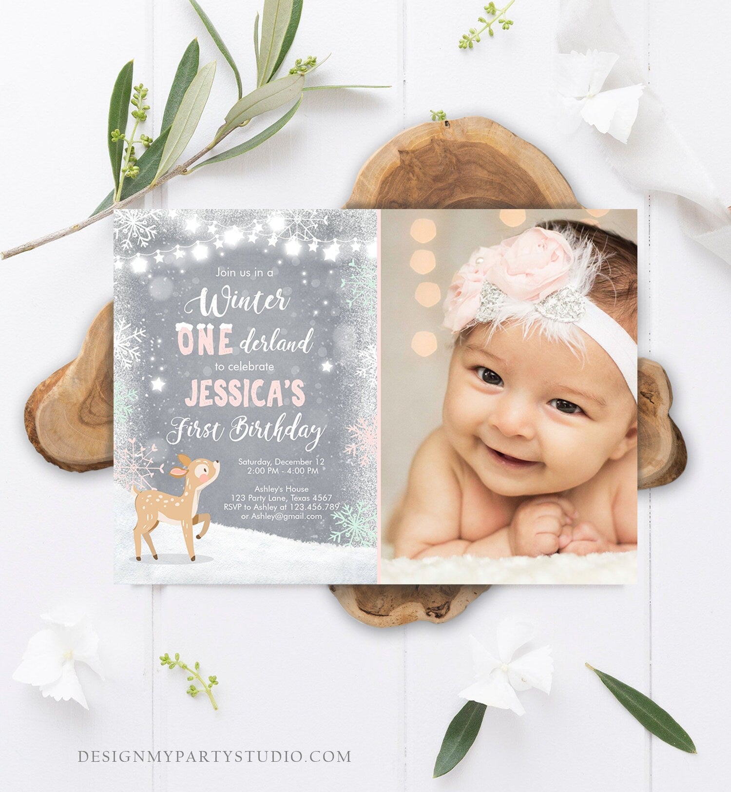 Editable Winter ONEderland Birthday Invitation First Birthday Snowflake Girl Pink Mint Grey Deer Printable Invitation Template Corjl 0109