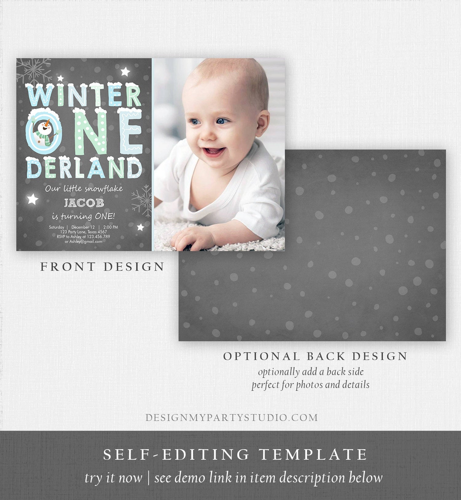 Editable Winter ONEderland Birthday Invitation First Birthday Snowman Boy Blue Download Printable Invitation Template Digital Corjl 0075