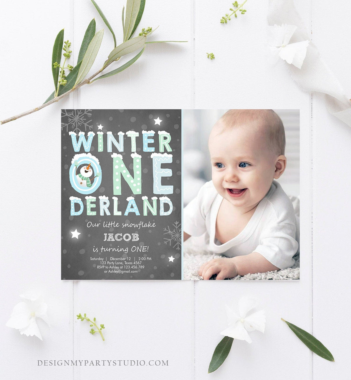 Editable Winter ONEderland Birthday Invitation First Birthday Snowman Boy Blue Download Printable Invitation Template Digital Corjl 0075