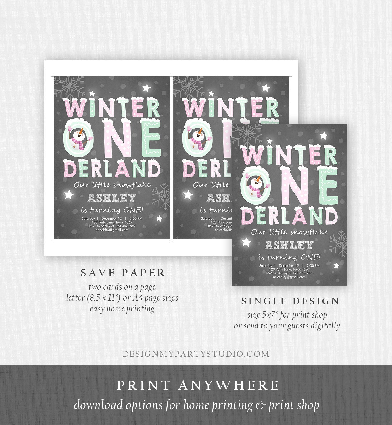 Editable Winter ONEderland Birthday Invitation First Birthday Snowman Girl Pink Mint Download Printable Invitation Template Corjl 0075