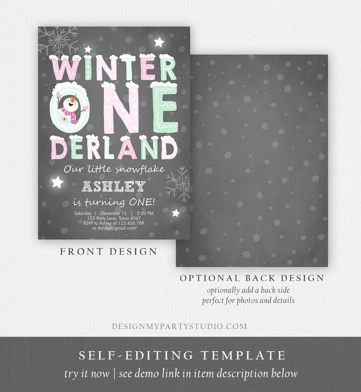 Editable Winter ONEderland Birthday Invitation First Birthday Snowman Girl Pink Mint Download Printable Invitation Template Corjl 0075