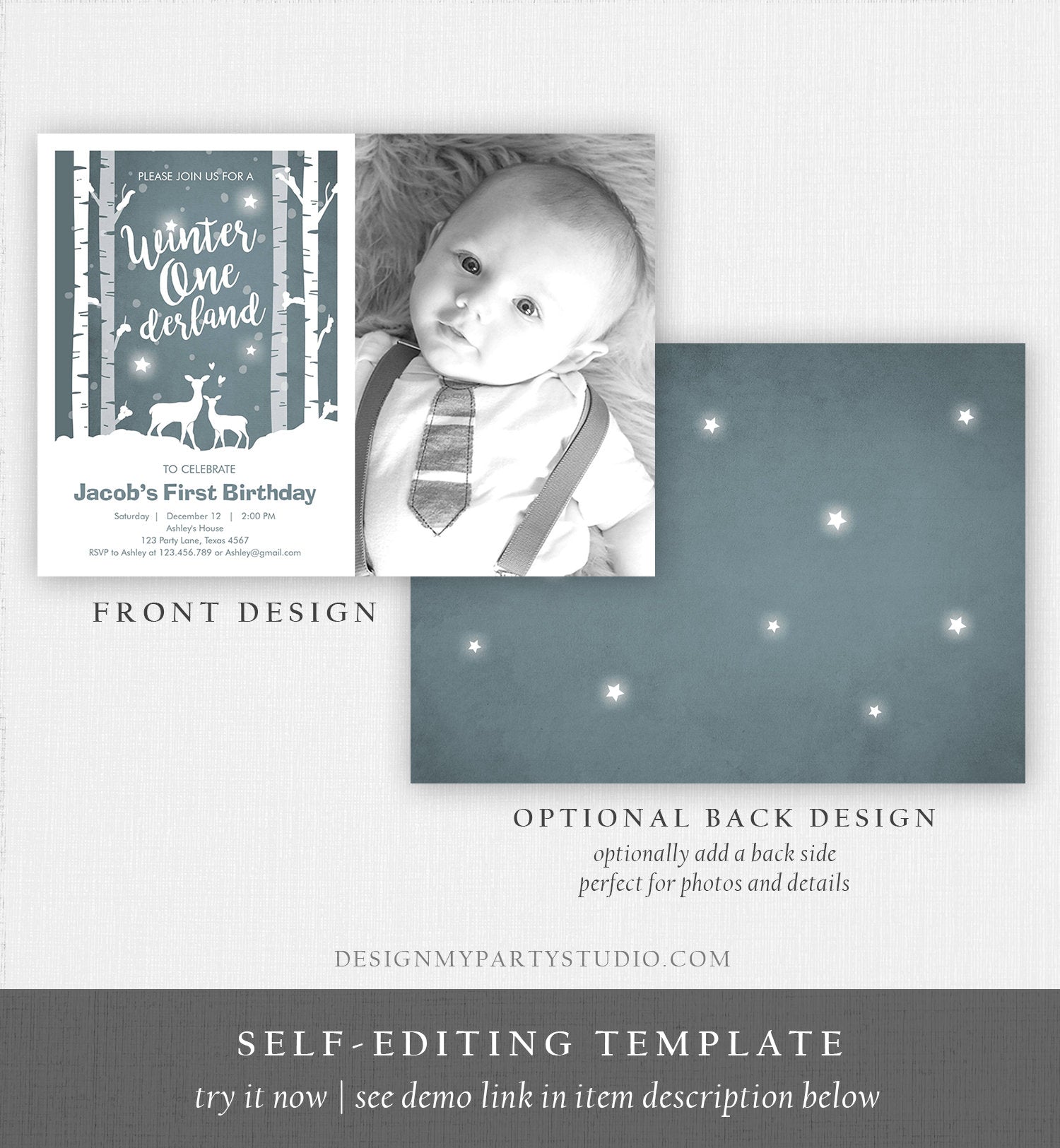 Editable Winter ONEderland Birthday Invitation Boy First Birthday Deer Trees Snowflakes Download Printable Invitation Template Corjl 0264