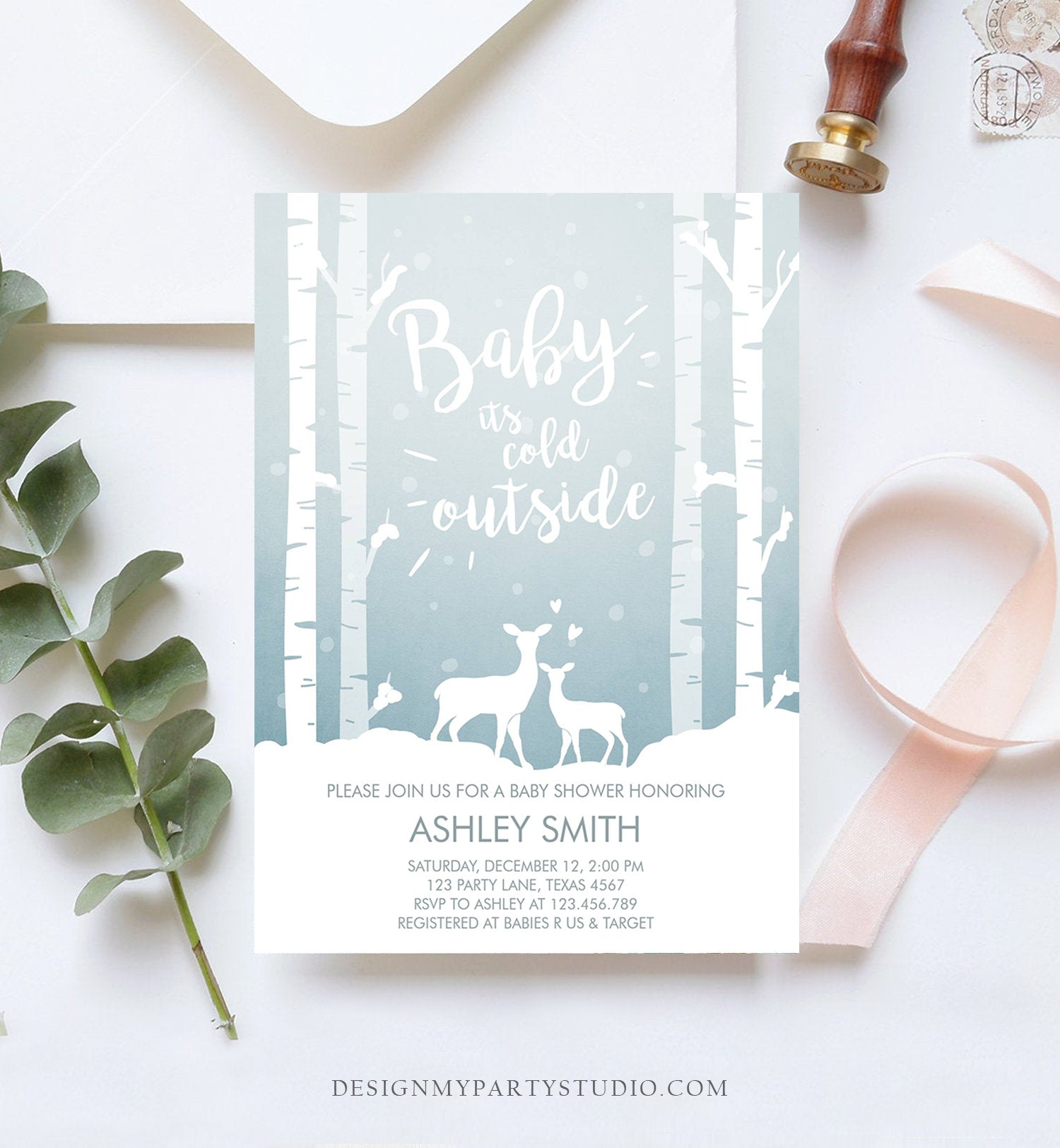 Editable Baby Its Cold Outside Baby Shower Invitation Oh Deer Boy Woodland Animals Snow Invitation Template Instant Download Corjl 0264