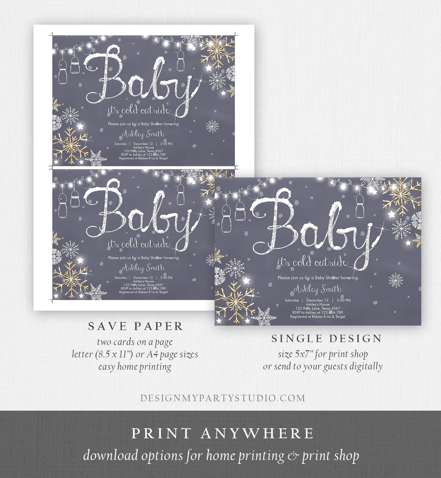 Editable Winter Baby Shower Invitation Baby Its Cold Outside Gender Neutral Silver Gold Glitter Snow Template Instant Download Corjl 0032