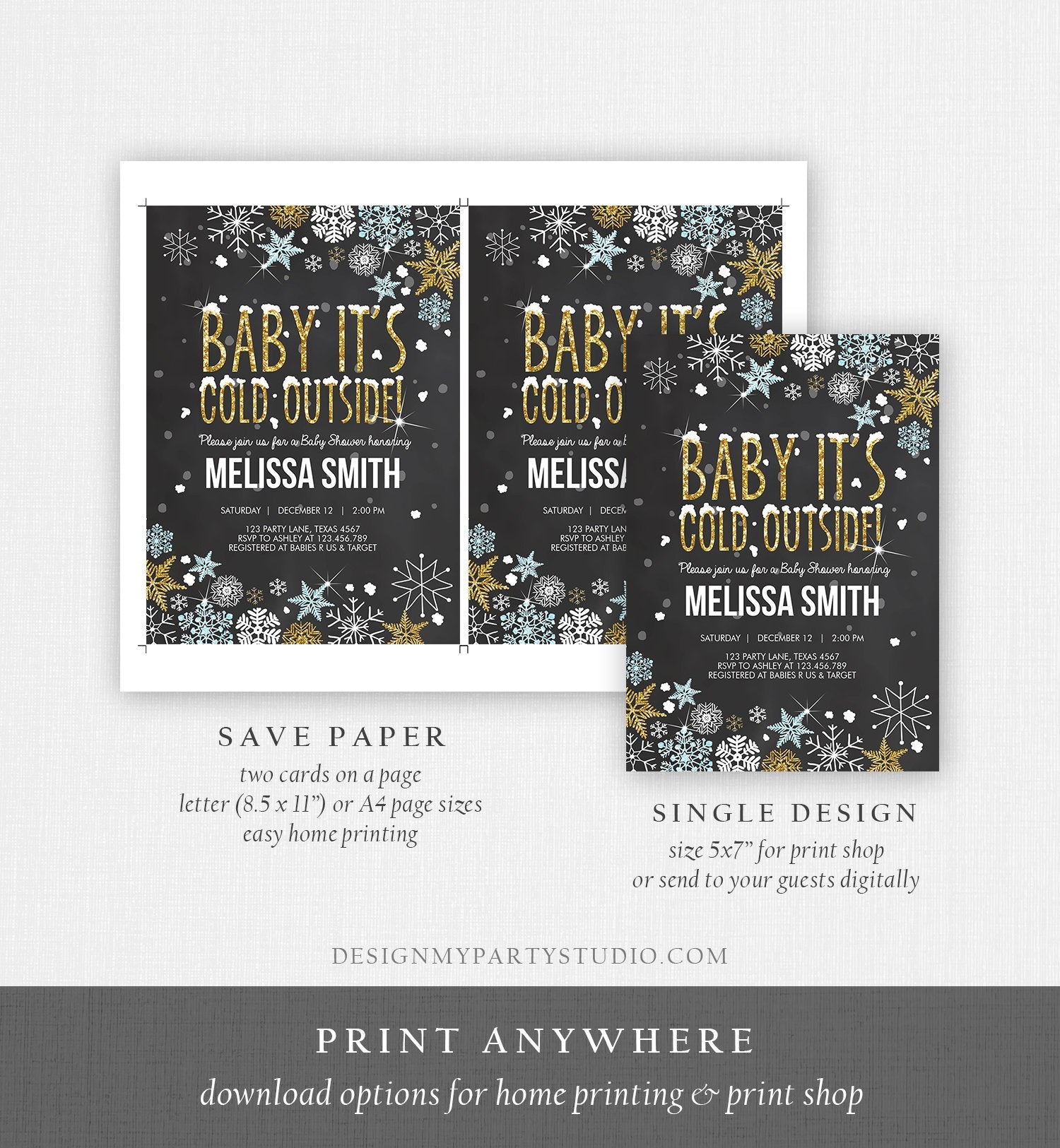 Editable Winter Baby Shower Invitation Baby Its Cold Outside Blue Gold Glitter Boy Winter Snow Template Instant Download Digital Corjl 0033