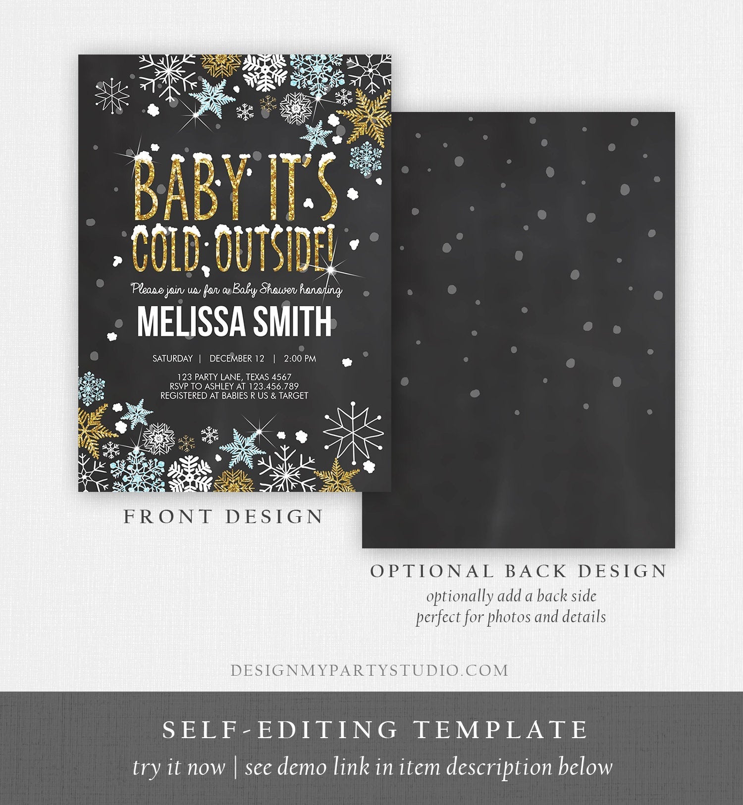 Editable Winter Baby Shower Invitation Baby Its Cold Outside Blue Gold Glitter Boy Winter Snow Template Instant Download Digital Corjl 0033