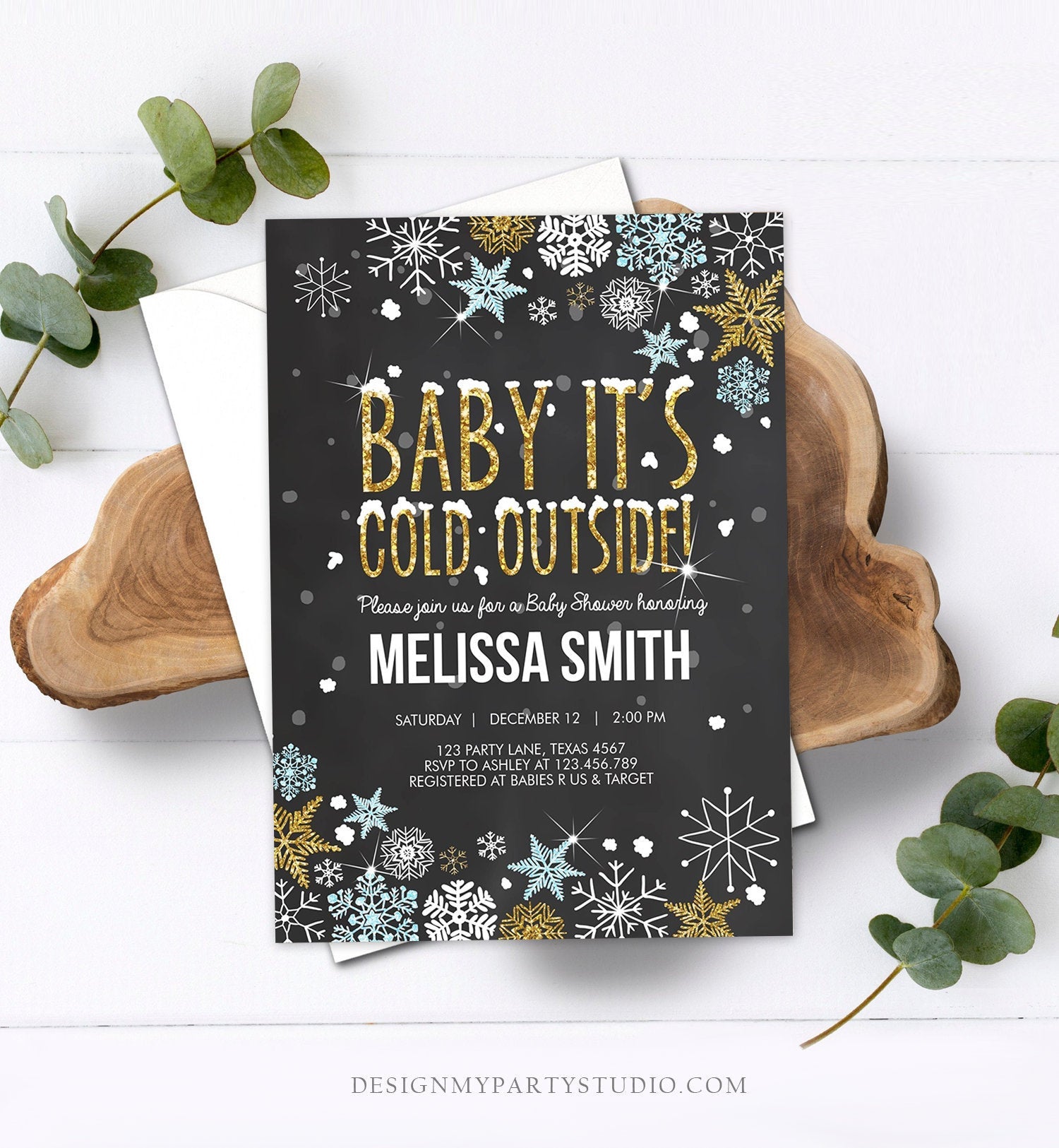 Editable Winter Baby Shower Invitation Baby Its Cold Outside Blue Gold Glitter Boy Winter Snow Template Instant Download Digital Corjl 0033