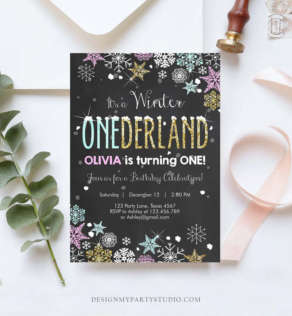 Editable Winter ONEderland Invitation Girl First Birthday Snowflake Pink Mint Gold Glitter Download Printable Invitation Template Corjl 0033