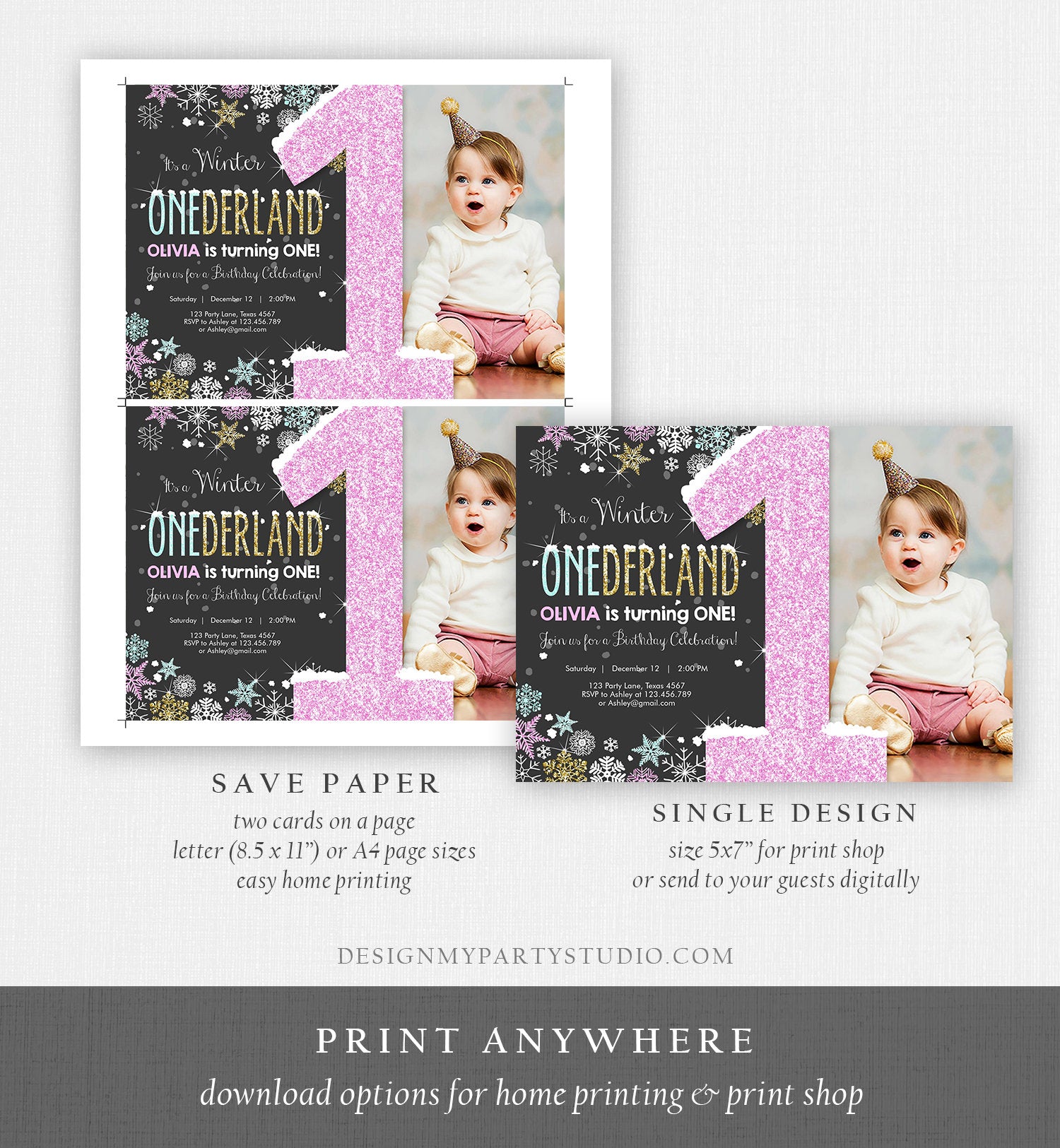 Editable Winter ONEderland Invitation Girl First Birthday Snowflake Pink Mint Gold Glitter Download Printable Invitation Template Corjl 0033