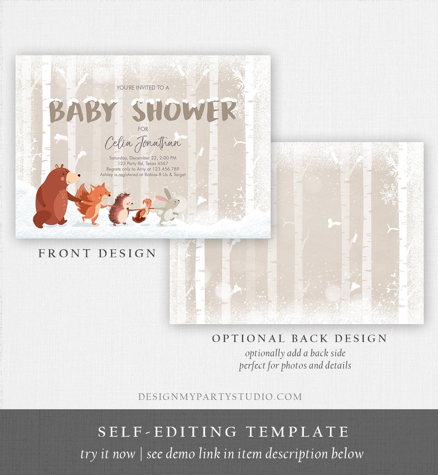 Editable Winter Woodland Baby shower invitation Forest Animals Gender Neutral Snowflakes Invite Rustic Template Download Digital Corjl 0040