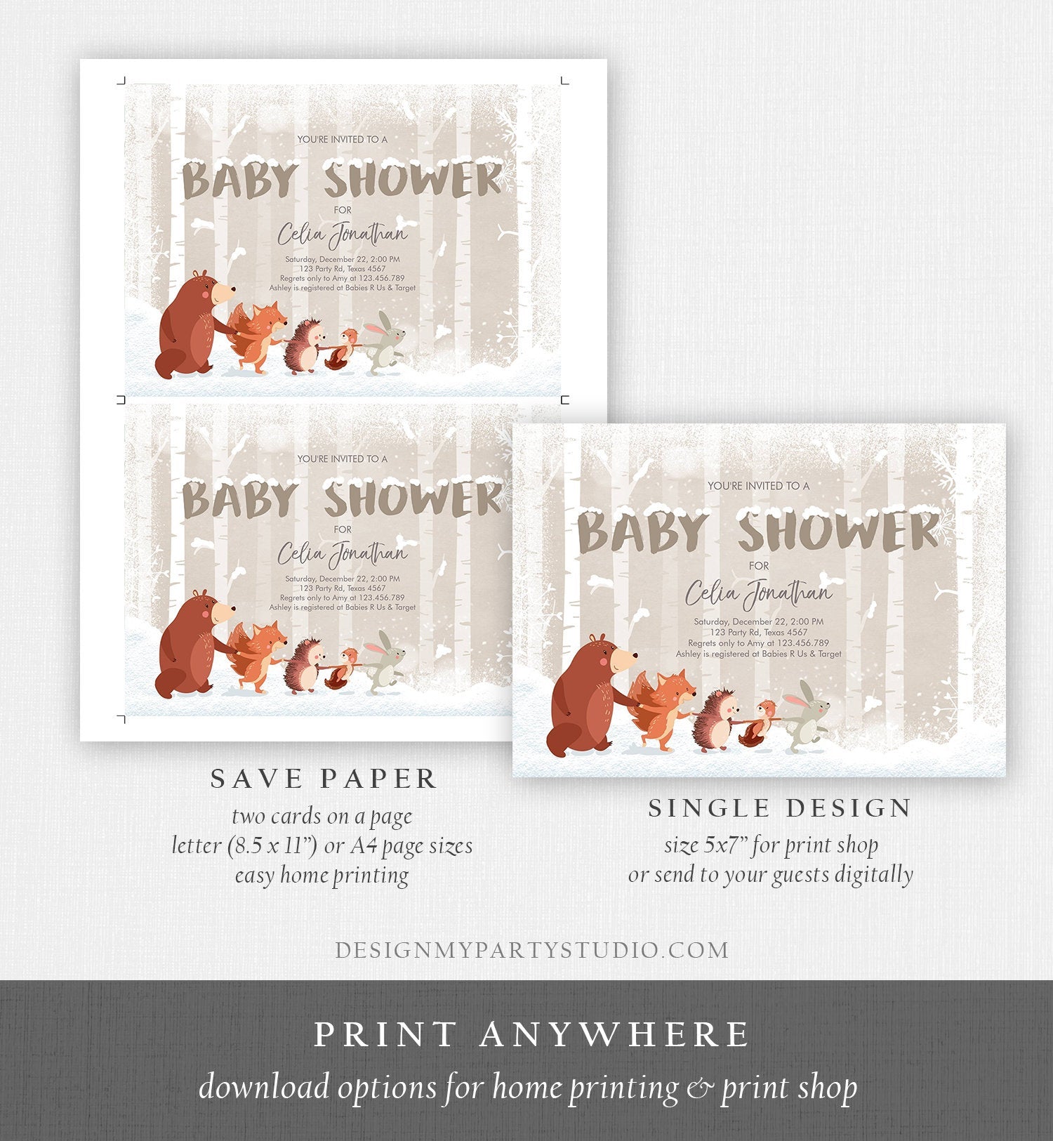 Editable Winter Woodland Baby shower invitation Forest Animals Gender Neutral Snowflakes Invite Rustic Template Download Digital Corjl 0040