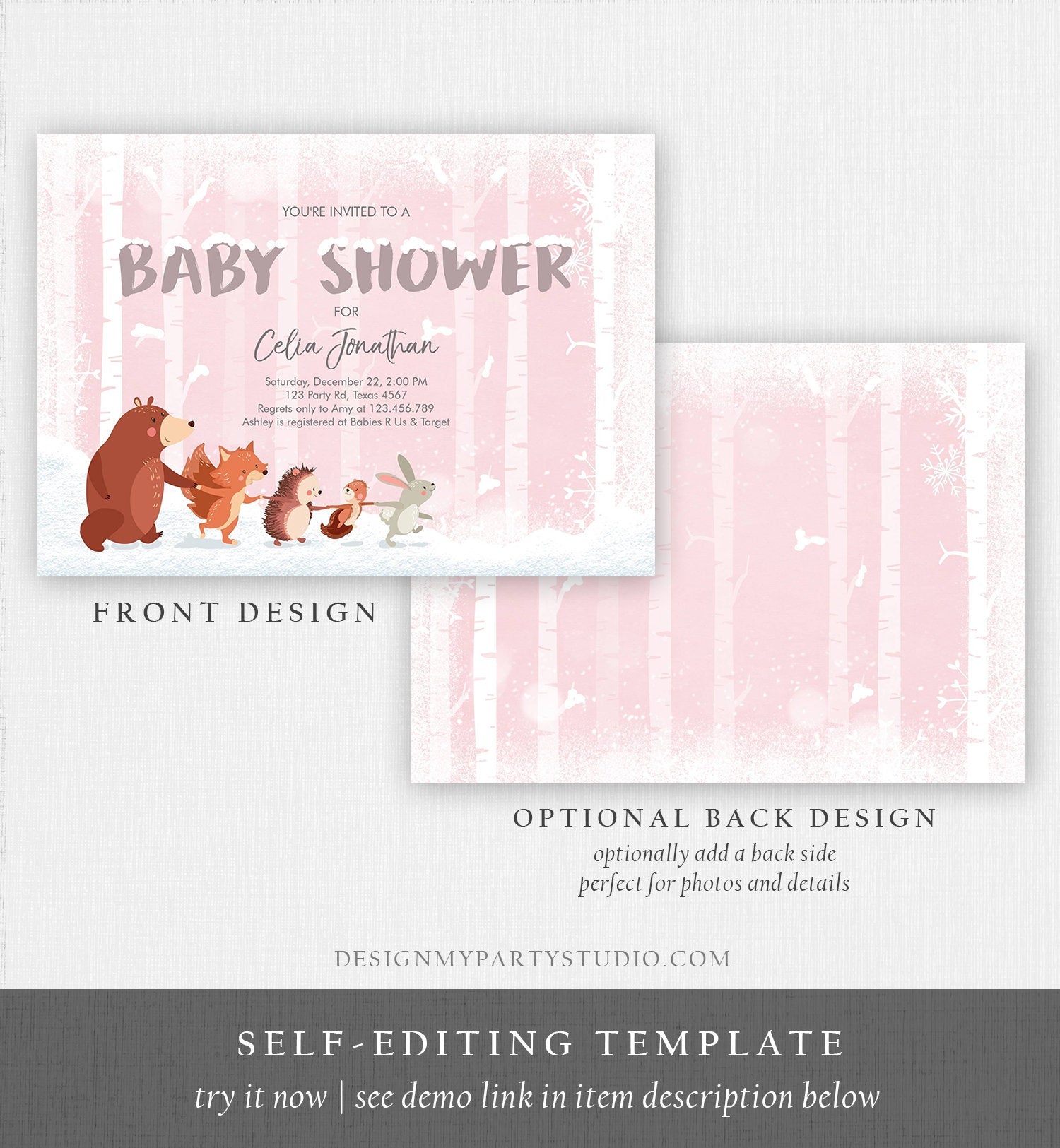 Editable Winter Woodland Baby shower invitation Girl Pink Forest Animals Bear Snowflakes Invite Rustic Template Download Digital Corjl 0040