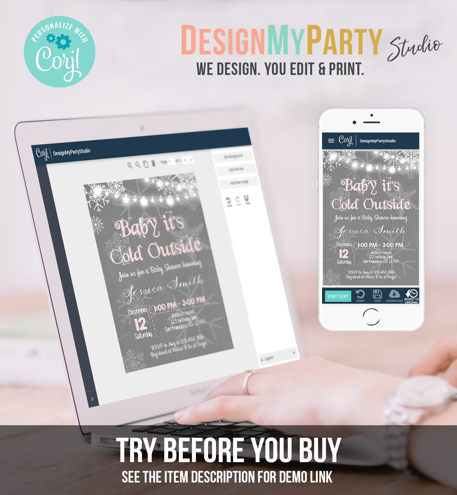 Editable Baby Its Cold Outside Baby Shower Invitation Girl Winter Pink Grey Snow Rustic Invite Template Instant Download Digital Corjl 0027