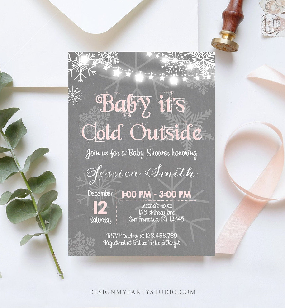 Editable Baby Its Cold Outside Baby Shower Invitation Girl Winter Pink Grey Snow Rustic Invite Template Instant Download Digital Corjl 0027