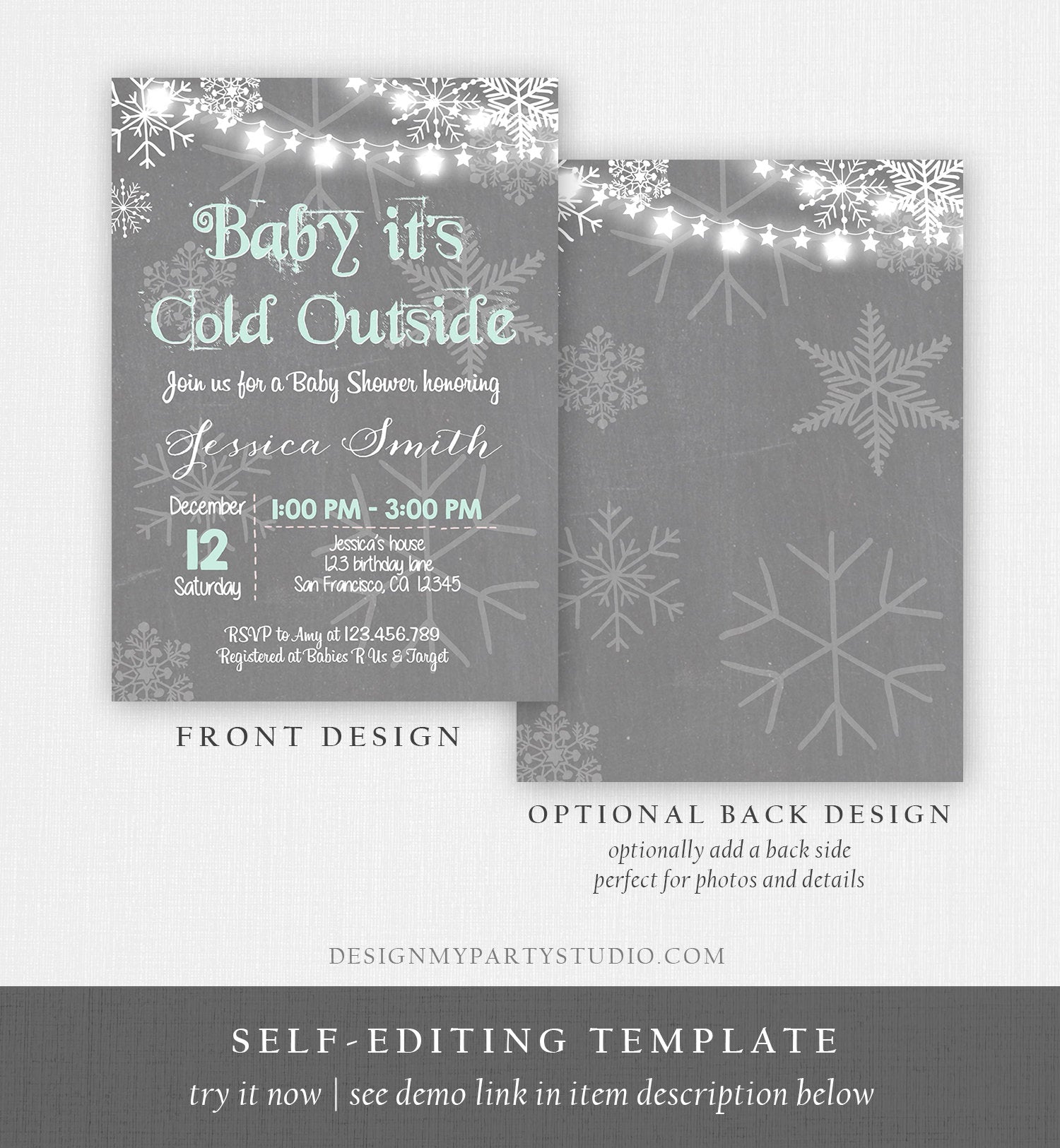 Editable Baby Its Cold Outside Baby Shower Invitation Mint Winter Gender Neutral Snow Rustic Invite Template Download Digital Corjl 0027