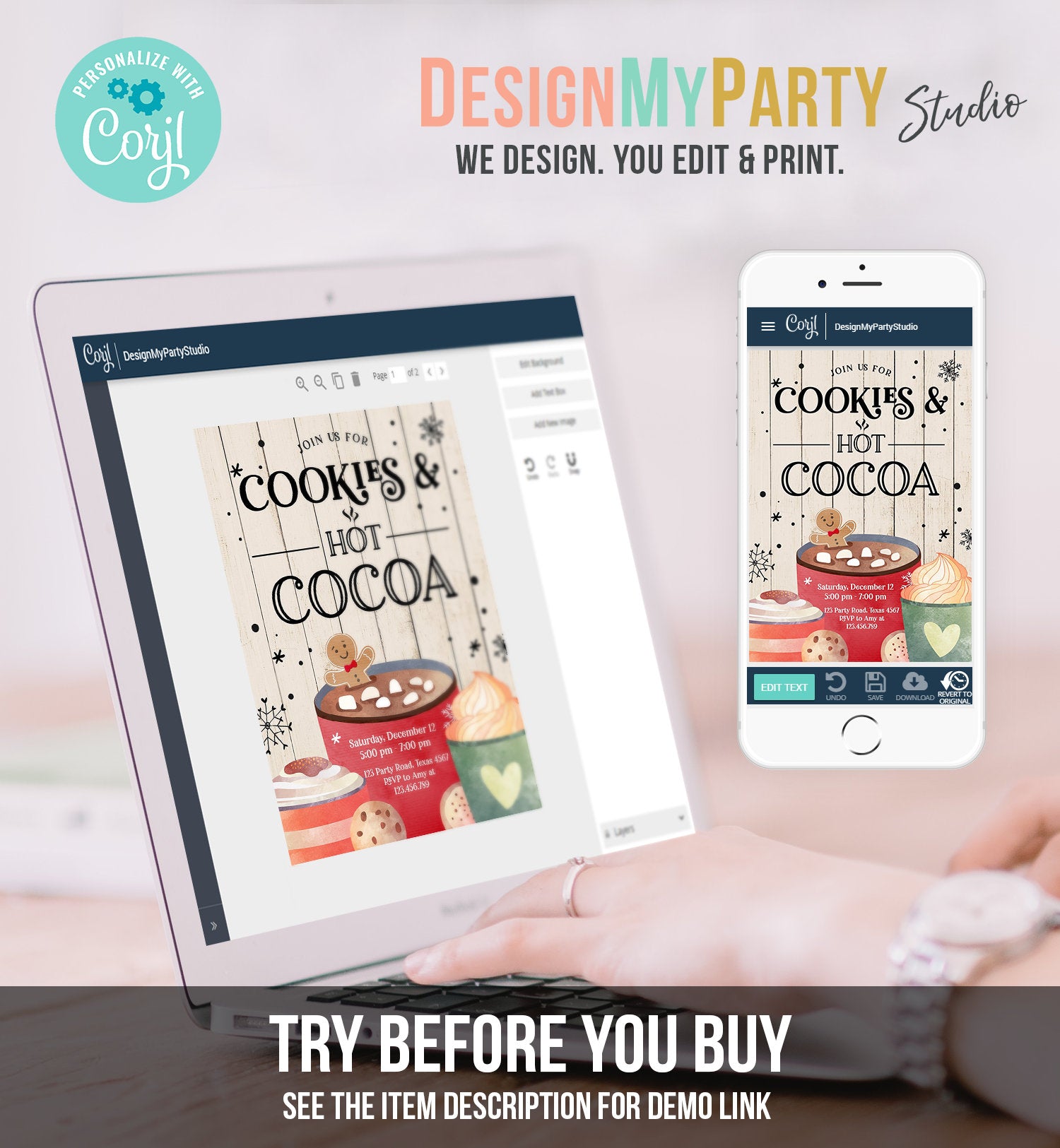 Editable Cookies and Cocoa Invitation Hot Cocoa Party Invite Hot Chocolate Birthday Cocoa Bar Xmas Download Printable Template Corjl 0262