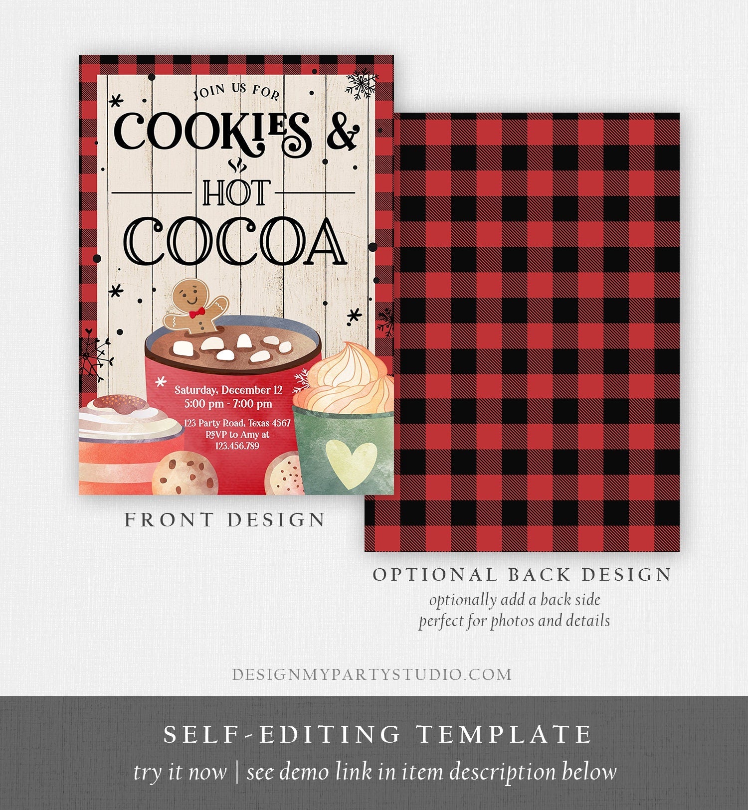 Editable Cookies and Cocoa Invitation Hot Cocoa Party Invite Hot Chocolate Birthday Lumberjack Plaid Download Printable Template Corjl 0262