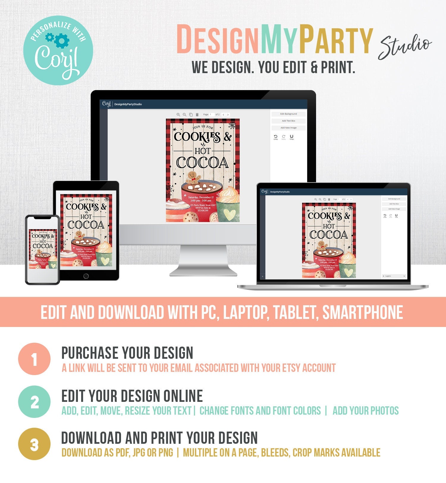 Editable Cookies and Cocoa Invitation Hot Cocoa Party Invite Hot Chocolate Birthday Lumberjack Plaid Download Printable Template Corjl 0262