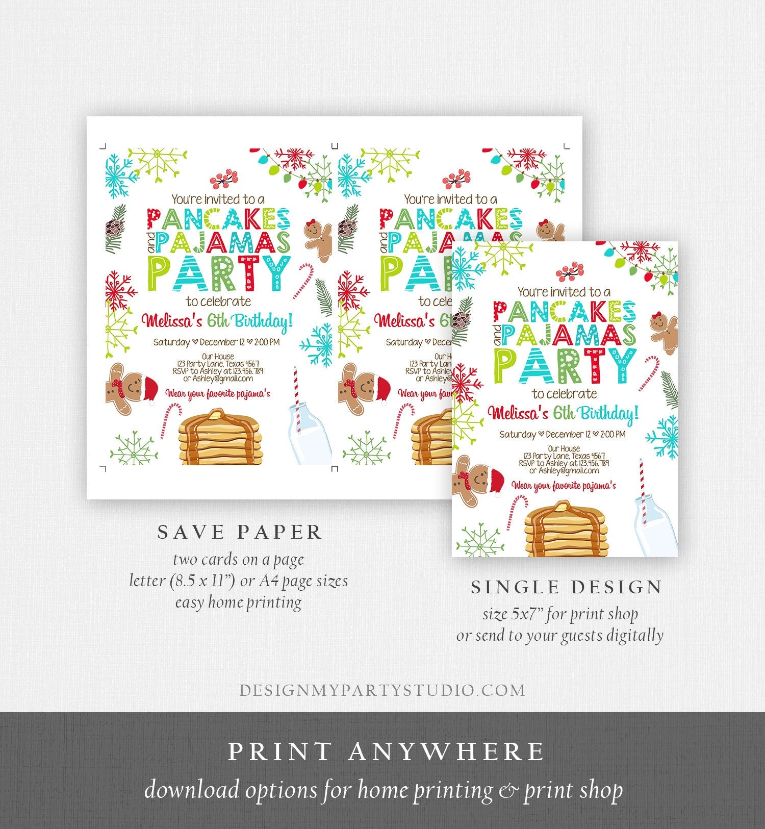 Editable Christmas Pancakes and Pajamas Birthday Invitation Pancake Gingerbread Milk Party Download Printable Corjl Template Digital 0271