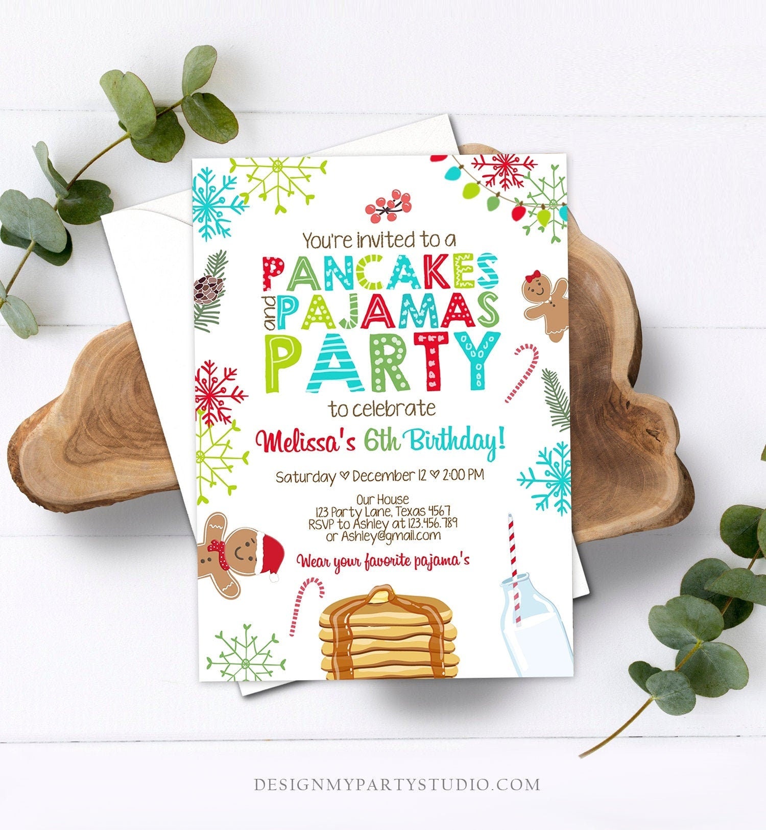 Editable Christmas Pancakes and Pajamas Birthday Invitation Pancake Gingerbread Milk Party Download Printable Corjl Template Digital 0271