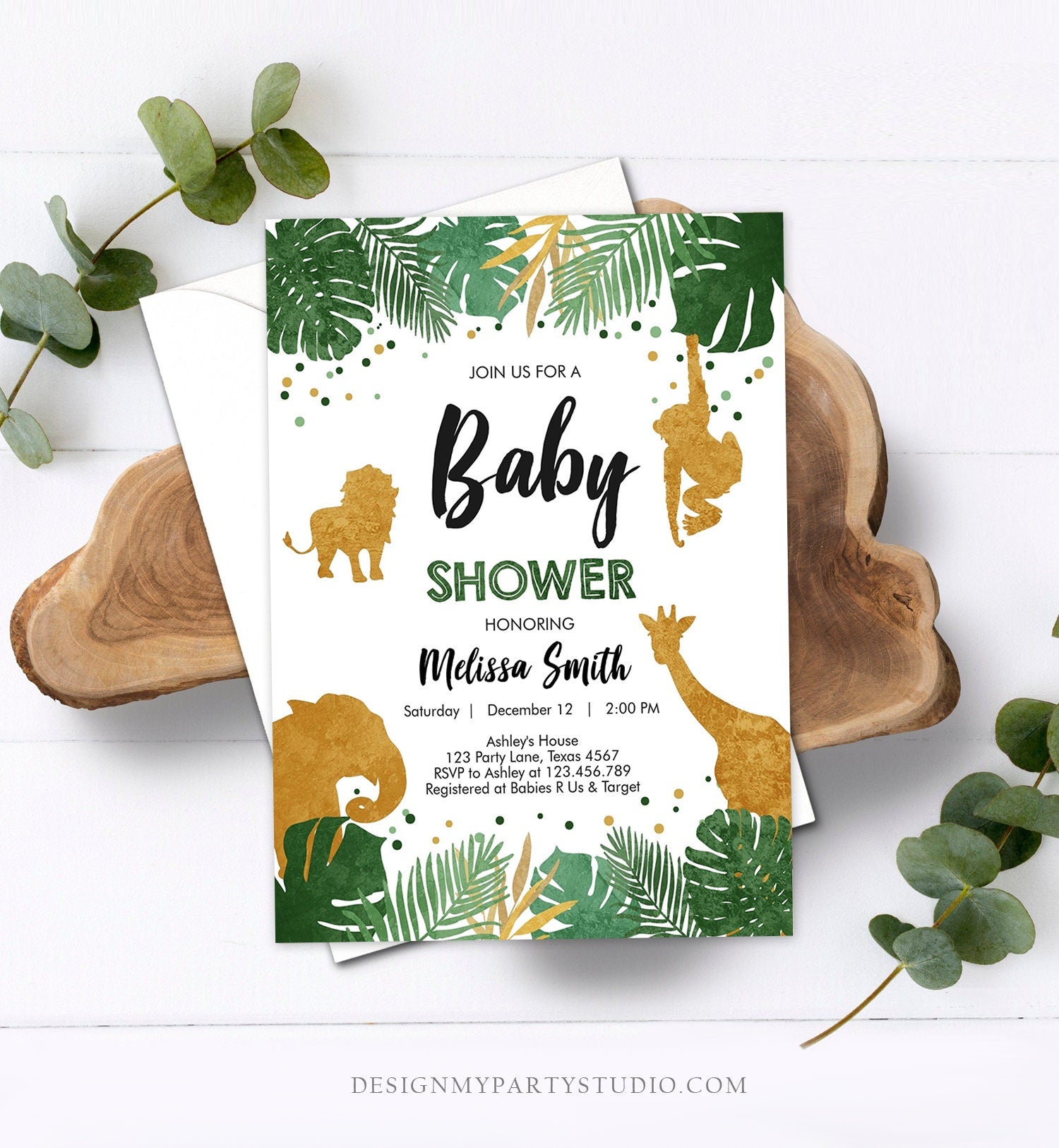 Editable Safari Animals Baby Shower Invitation Wild One Jungle Zoo Wild Animals Black Gold Boy Corjl Template Instant Download Digital 0016