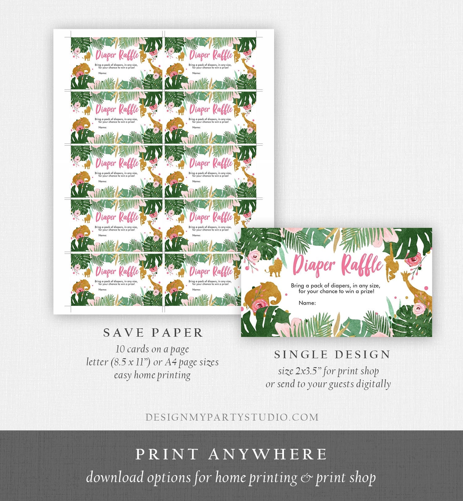 Editable Safari Animals Diaper Raffle Ticket Baby Shower Diaper Game Wild One Pink Gold Jungle Girl Animals Corjl Template Printable 0016