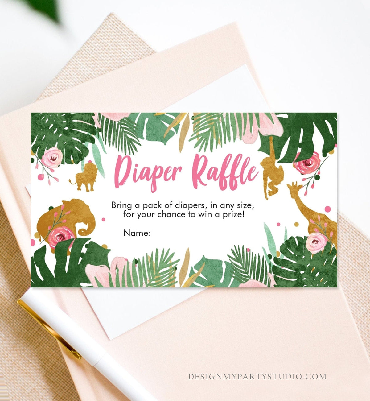 Editable Safari Animals Diaper Raffle Ticket Baby Shower Diaper Game Wild One Pink Gold Jungle Girl Animals Corjl Template Printable 0016