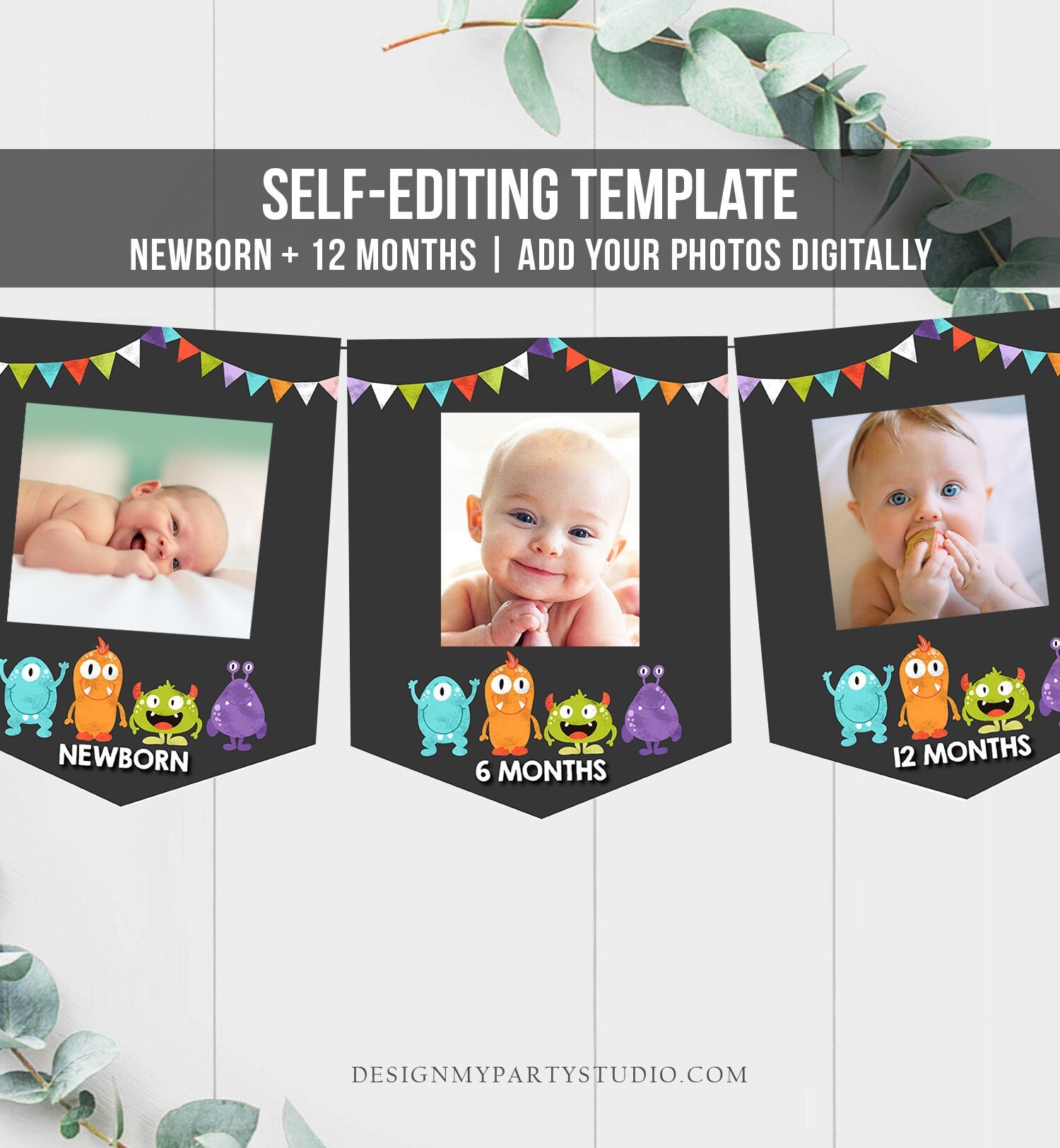 Editable Little Monsters First Birthday Banner Monthly Photo Banner Monster Bash Birthday Confetti Download PRINTABLE Corjl Template 0058