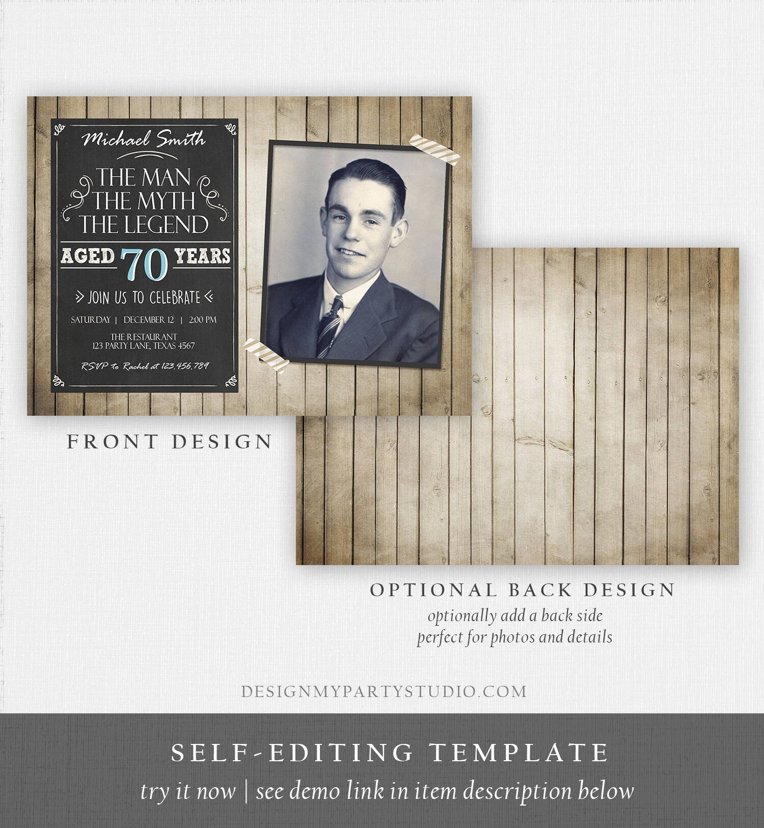 Editable The Man The Myth The Legend Birthday Invitation Man Men Adult Birthday Wood Rustic Chalk Download Printable Invitation Corjl 0101