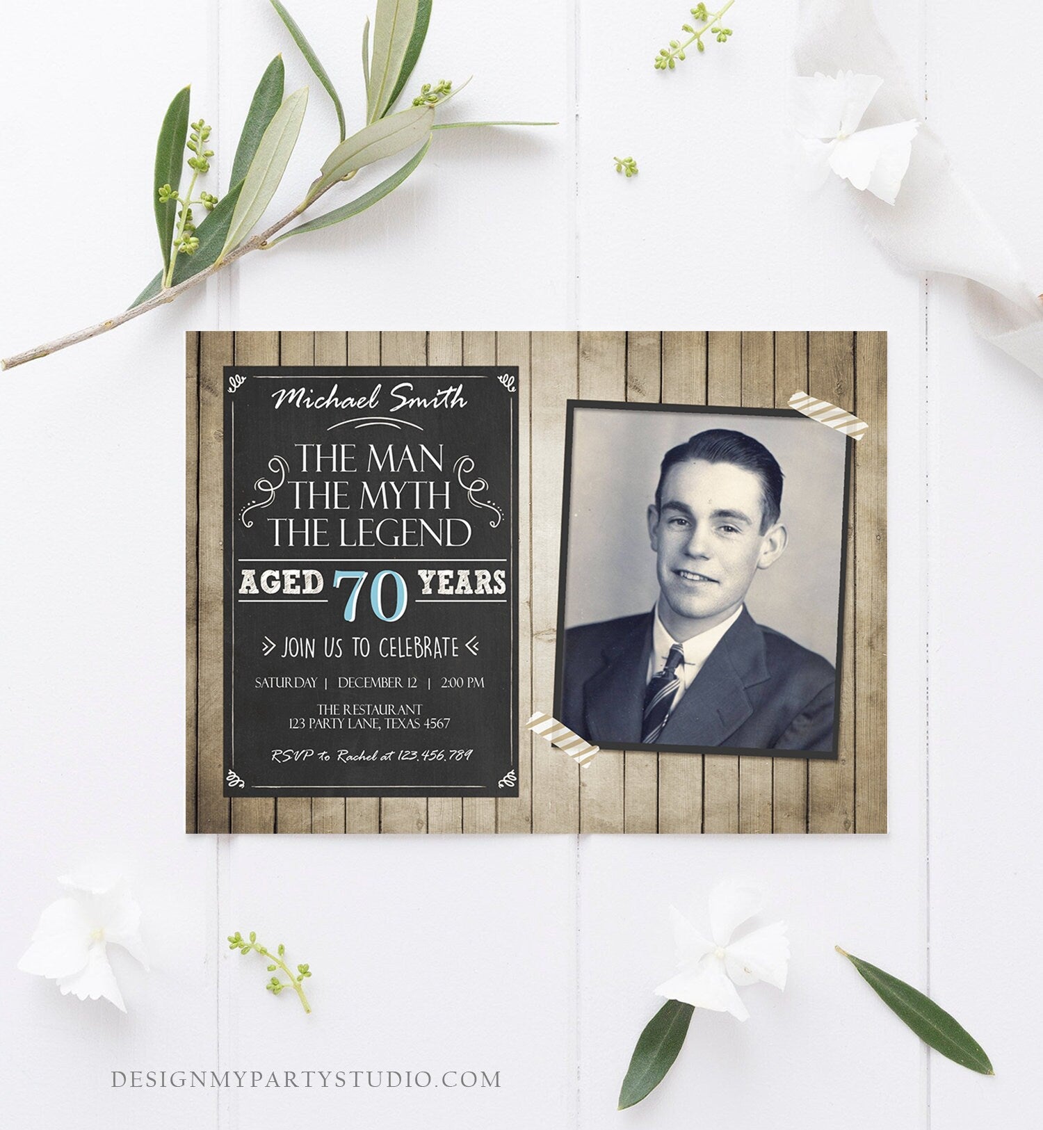 Editable The Man The Myth The Legend Birthday Invitation Man Men Adult Birthday Wood Rustic Chalk Download Printable Invitation Corjl 0101